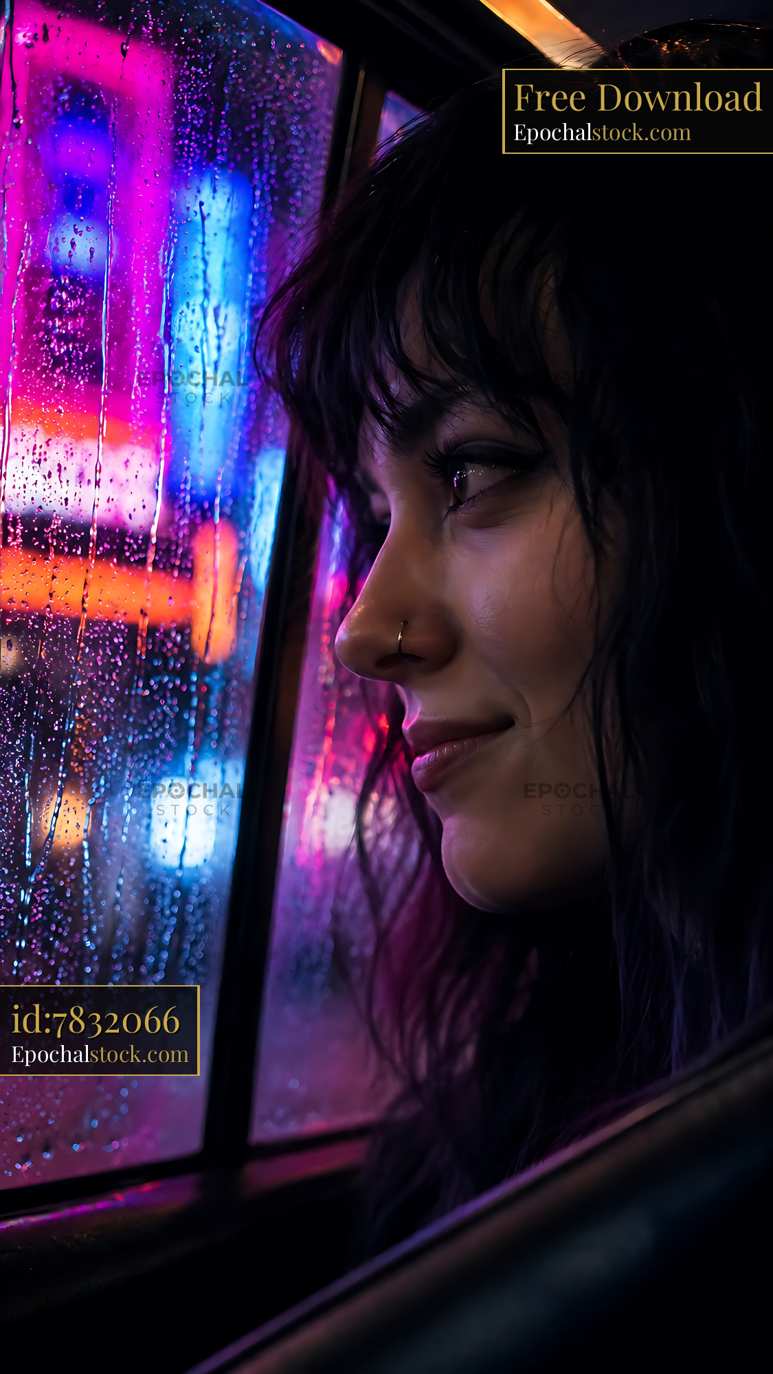 Watermarked full-resolution preview of Woman looking out of a car window during a rainy night