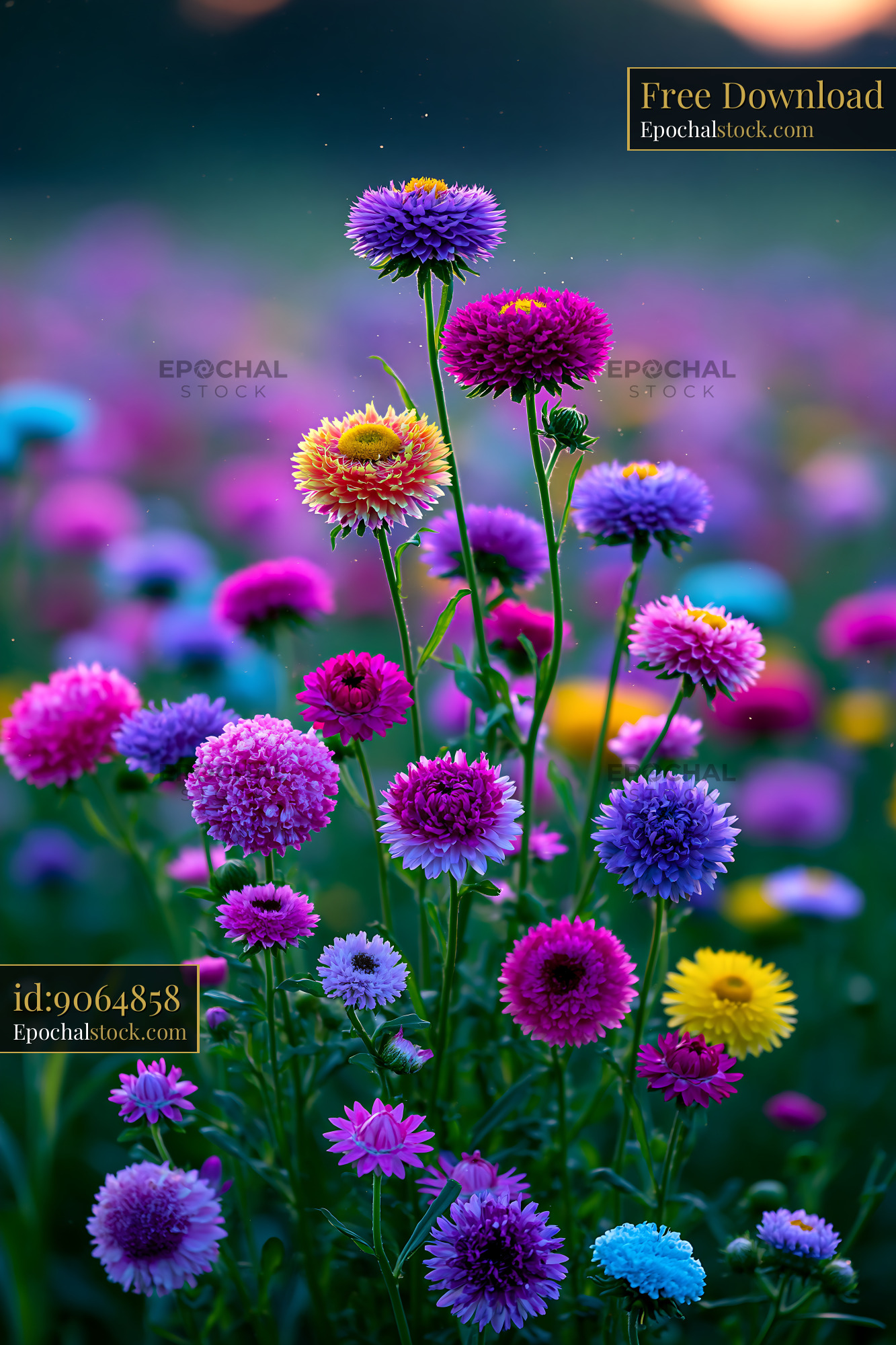 Watermarked full-resolution preview of Colorful flowers blooming in a vibrant field