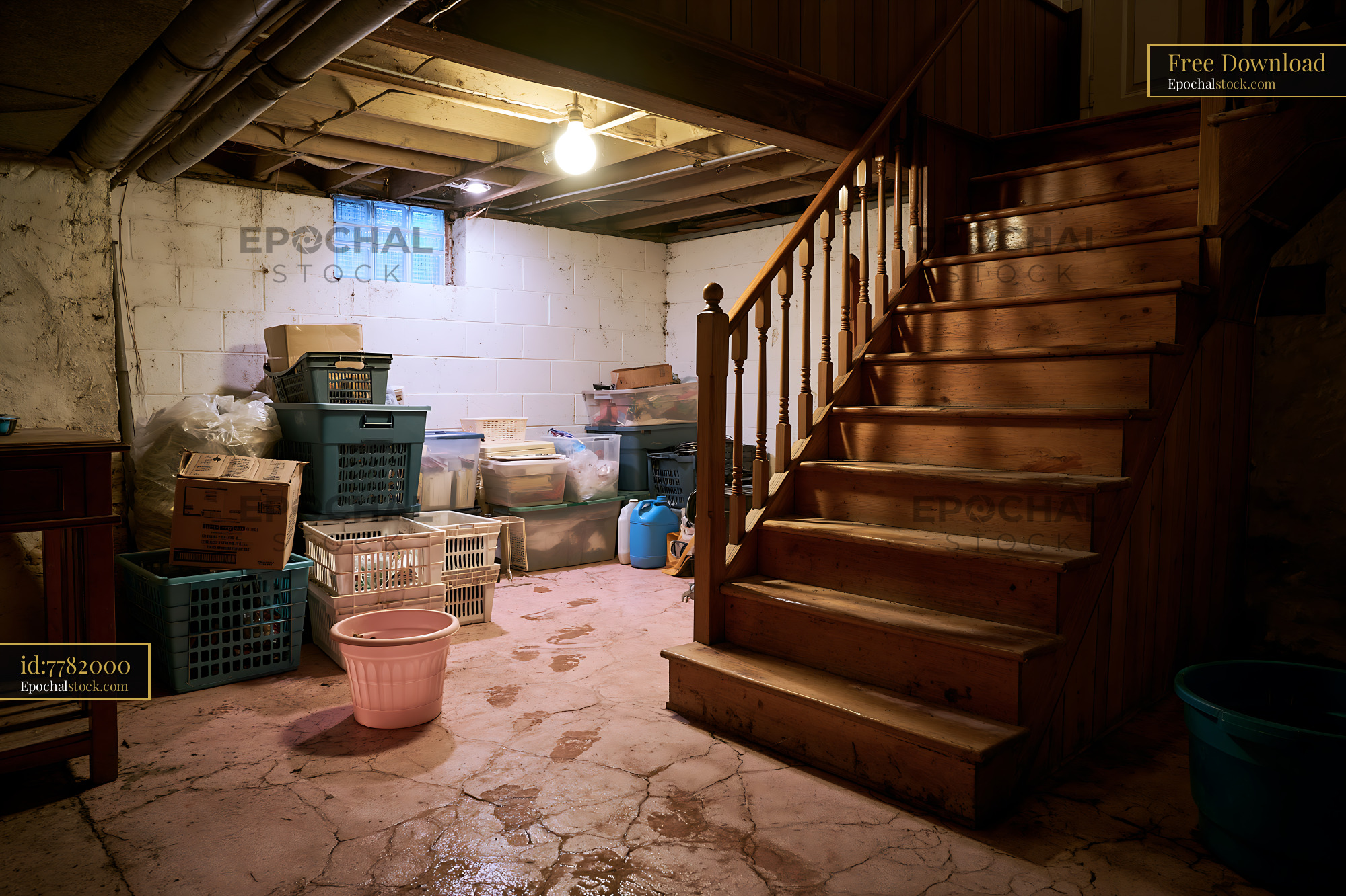 Watermarked full-resolution preview of Basement area with storage boxes and wooden stairs