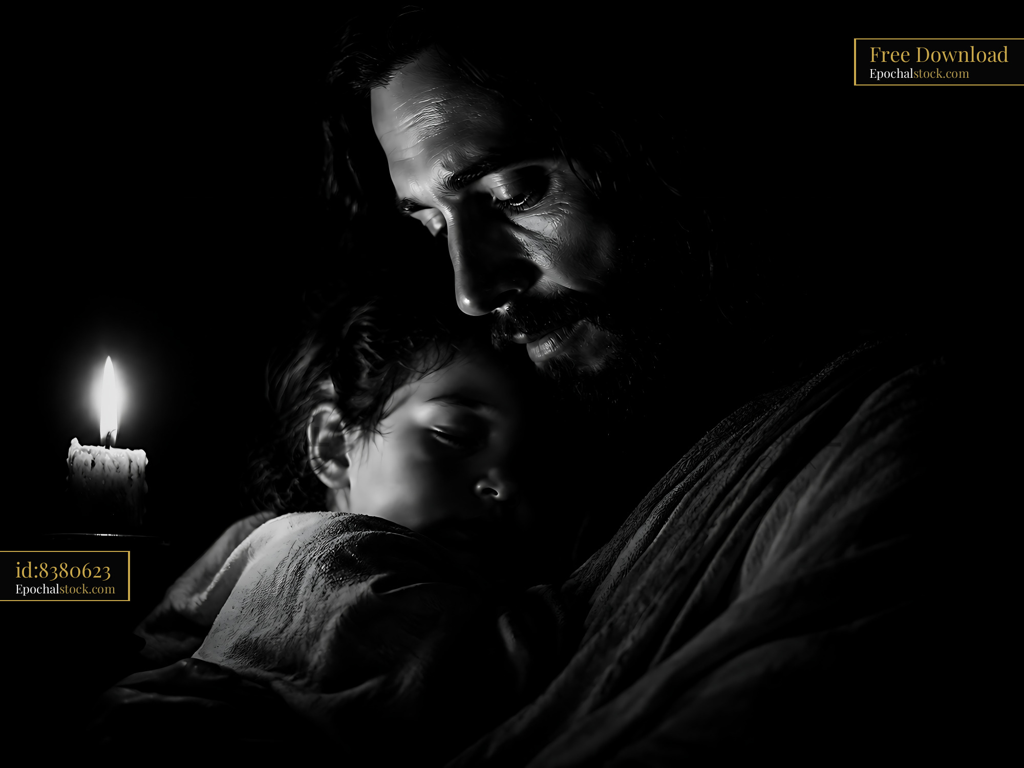 Watermarked full-resolution preview of Father holding child by candlelight