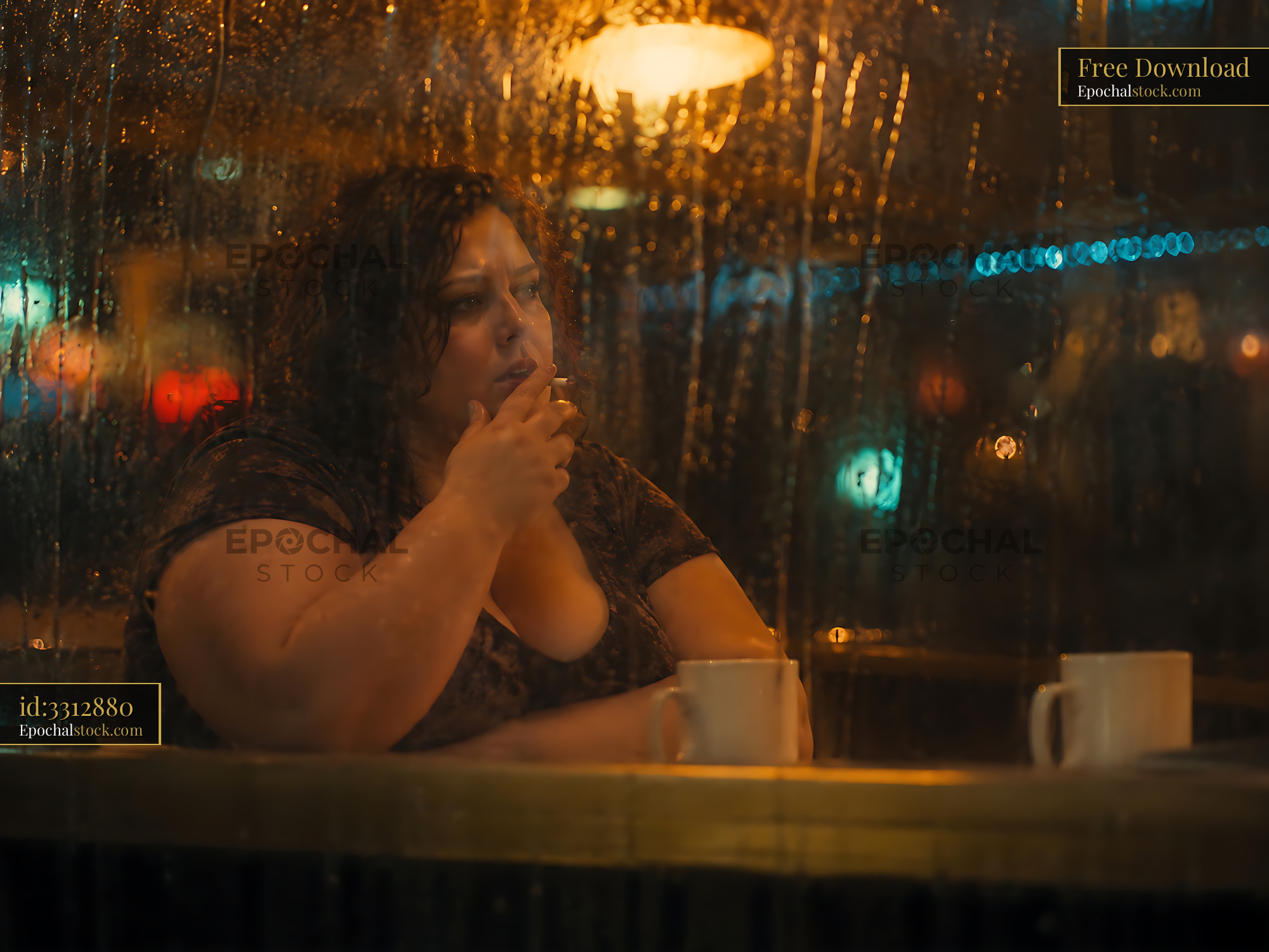 Watermarked full-resolution preview of Woman sitting in cafe by window with rain