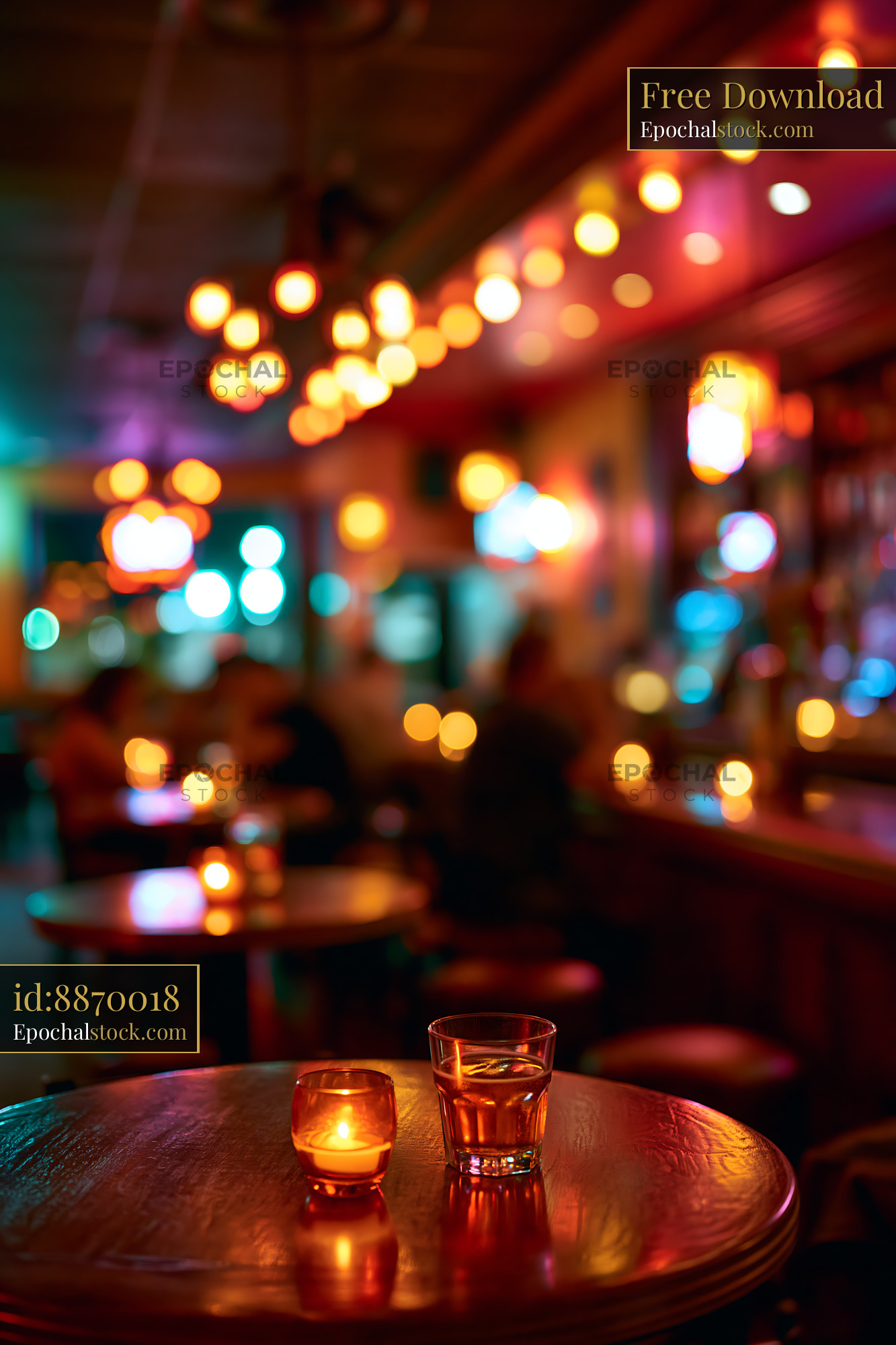 Watermarked full-resolution preview of Cozy bar setting with candles and drinks on wooden tables