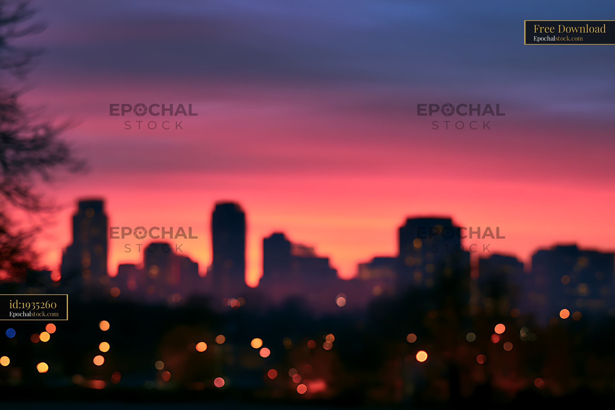 Watermarked full-resolution preview of Soft focus urban skyline with bokeh at dusk