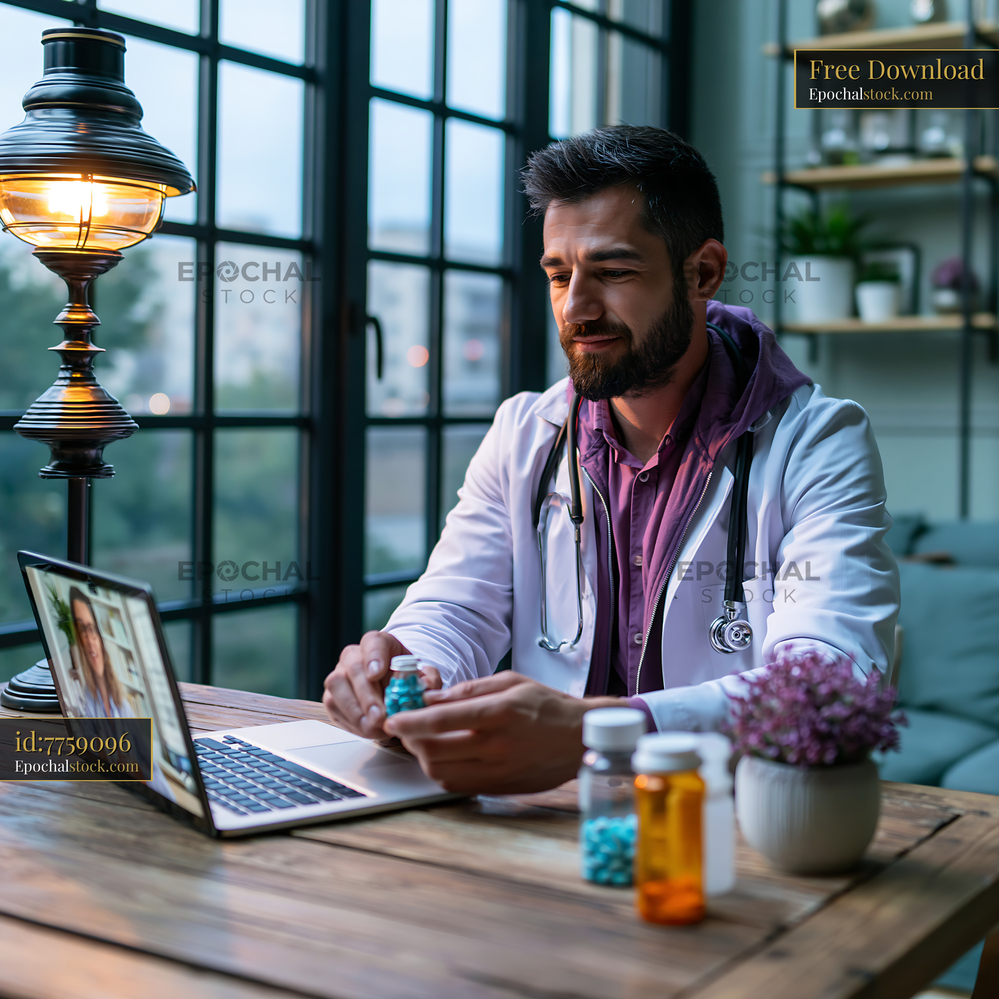 Watermarked full-resolution preview of Doctor consulting through laptop at home with medicine bottles