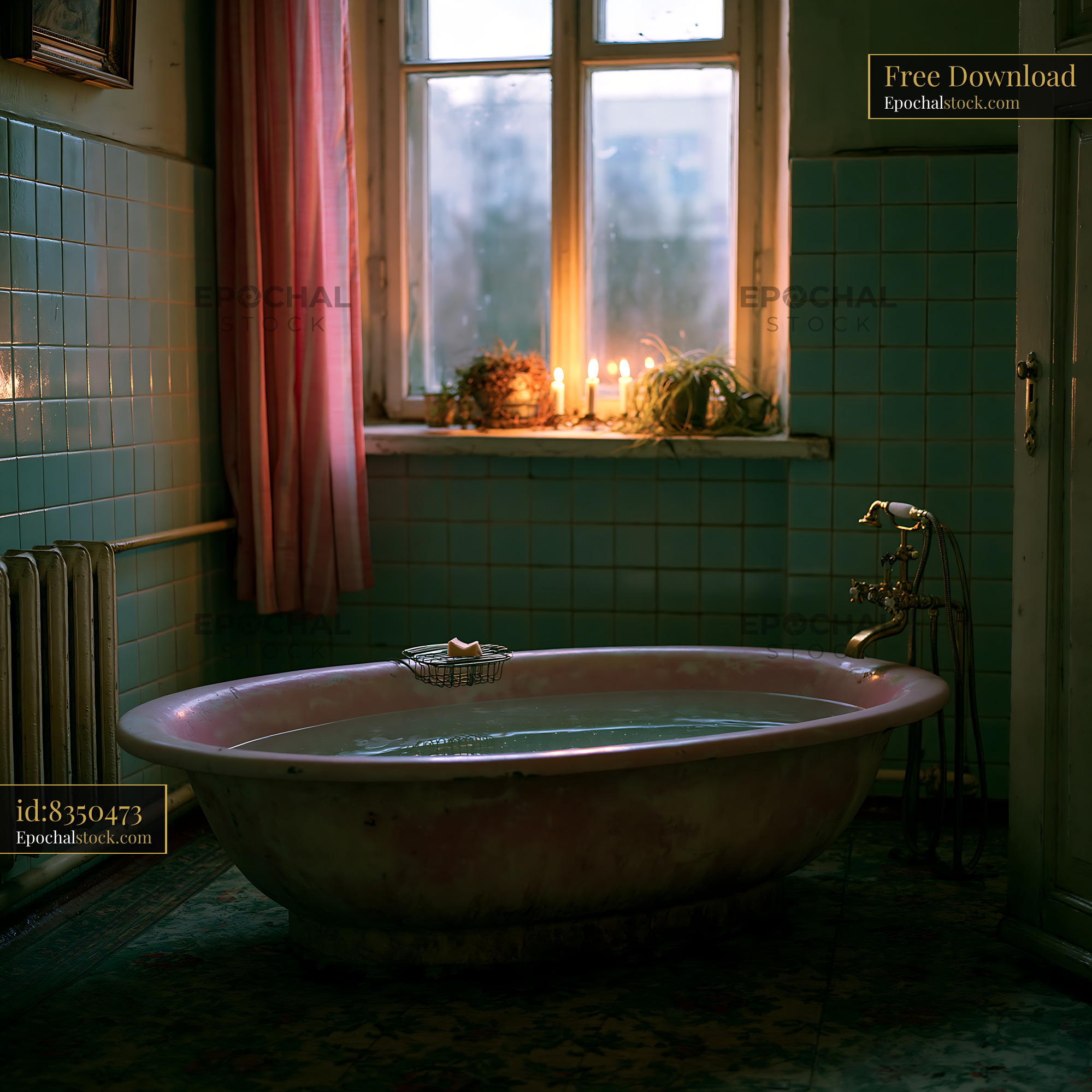Watermarked full-resolution preview of Vintage bathtub in a candlelit tiled bathroom