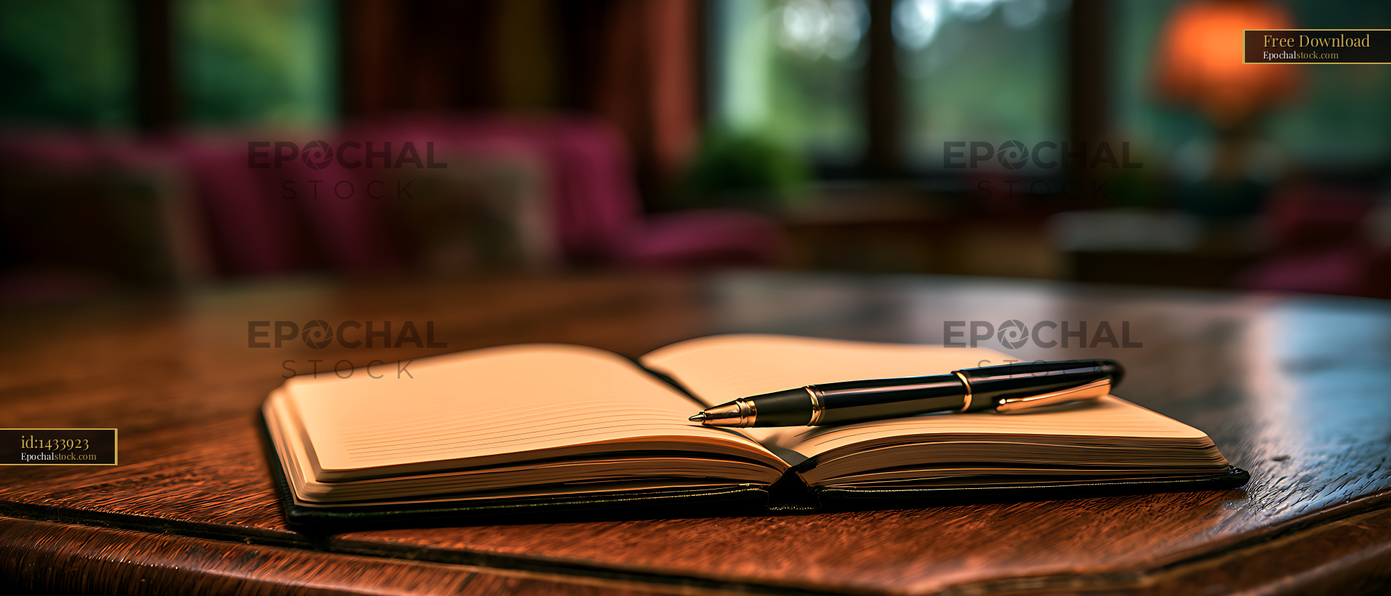 Watermarked full-resolution preview of Open journal with black pen on rustic wooden tabletop