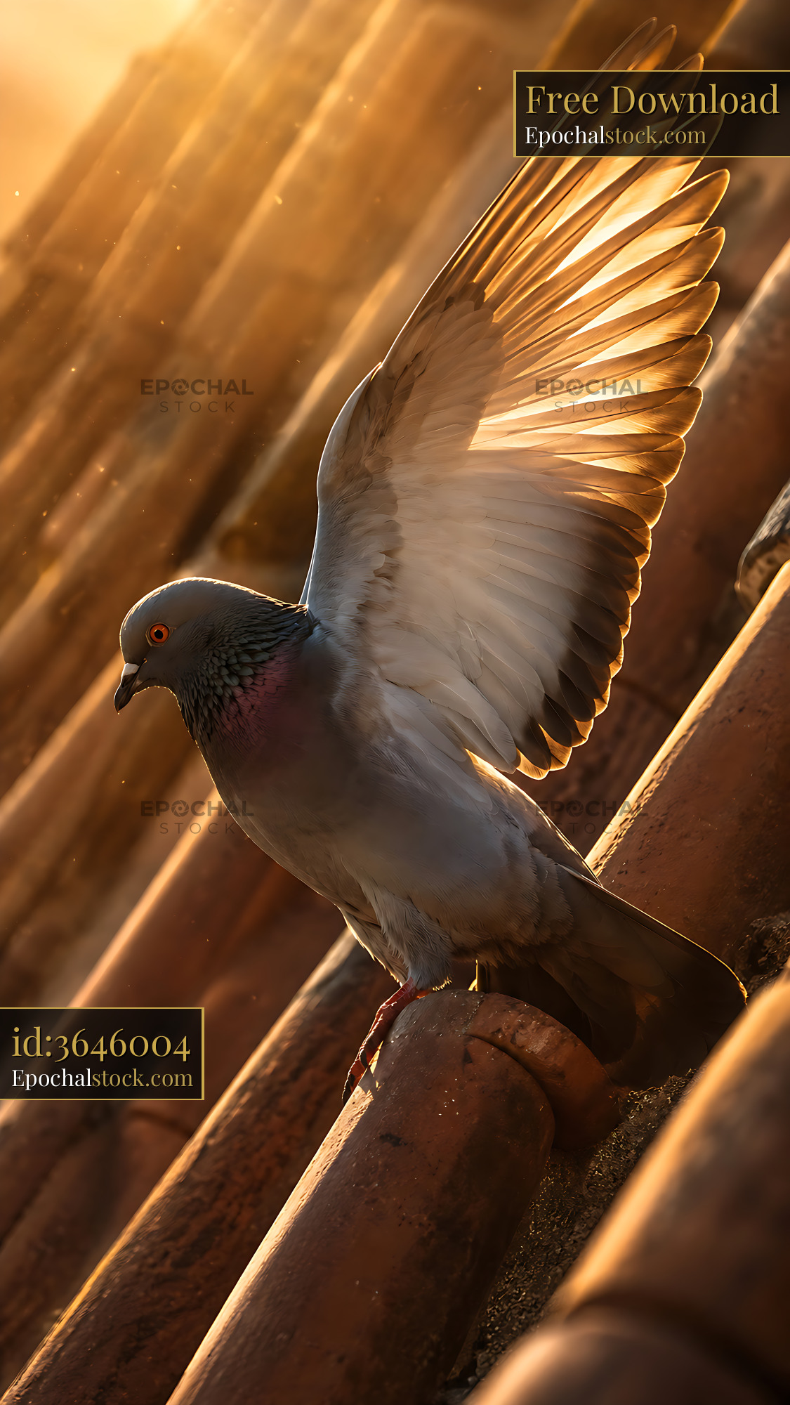 Watermarked full-resolution preview of Pigeon spreading wings on rooftop during sunset