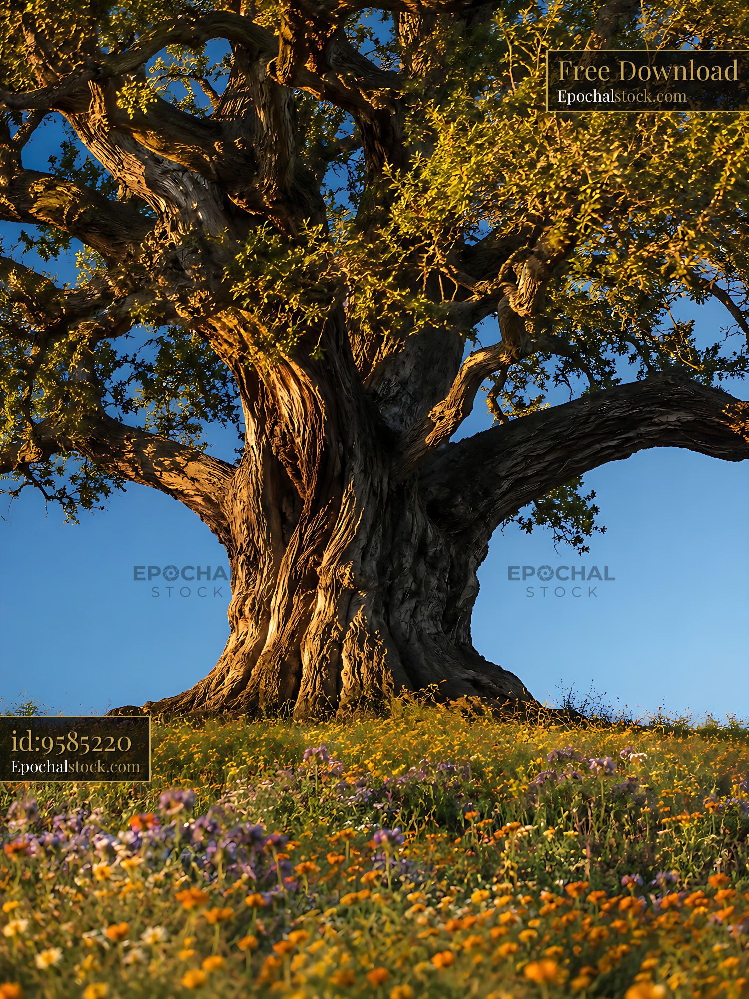 Watermarked full-resolution preview of Large tree standing on a grassy hill with colorful flowers