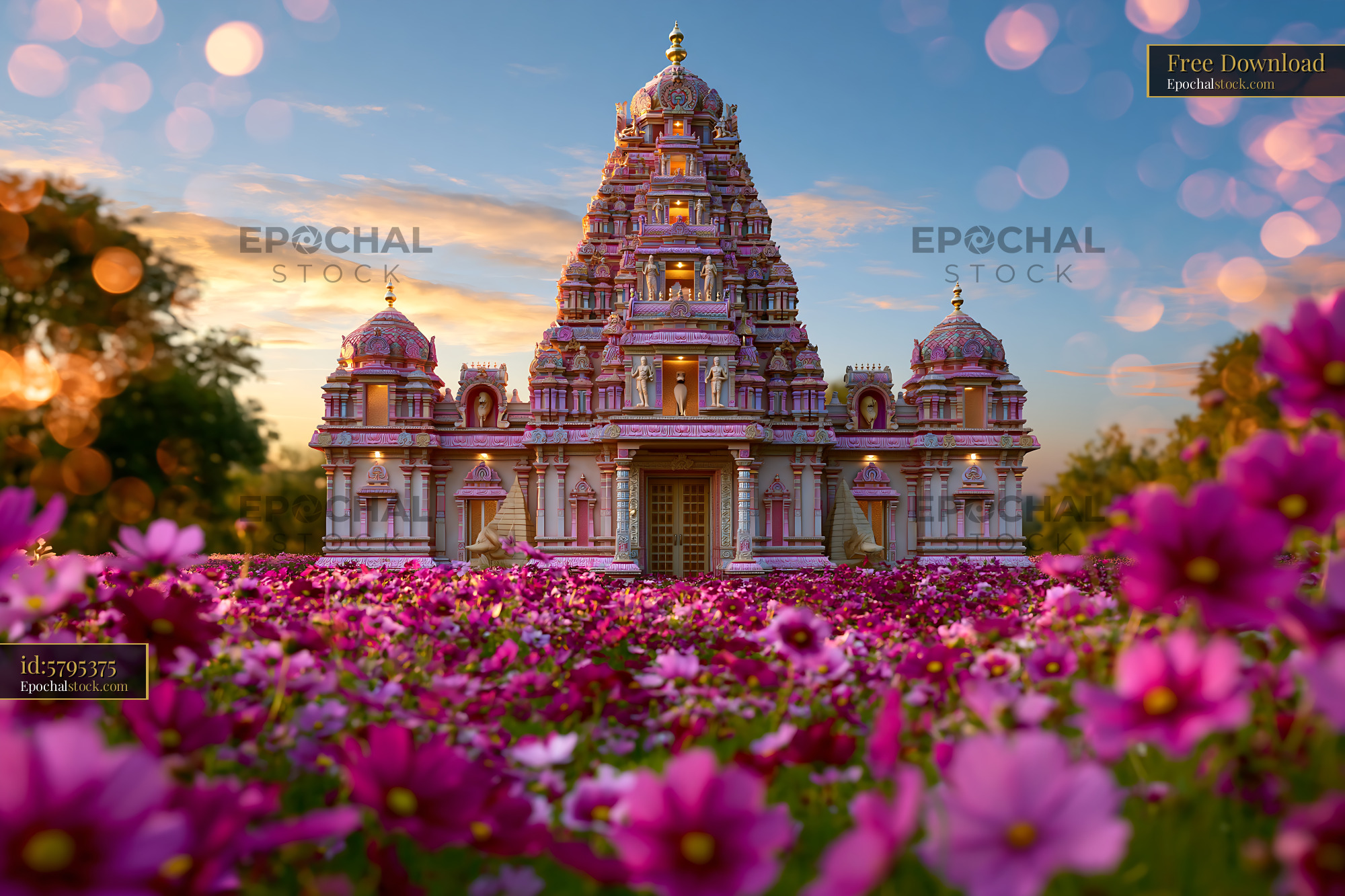 Watermarked full-resolution preview of Colorful Hindu temple amid a field of pink flowers