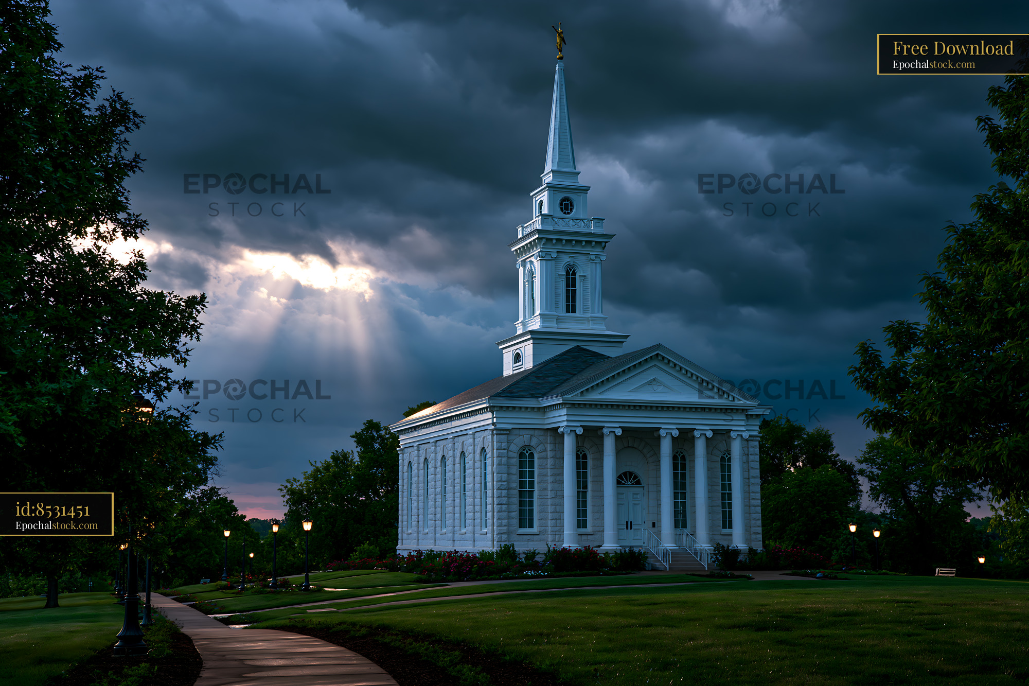 Watermarked full-resolution preview of Church building under dark clouds with rays of light