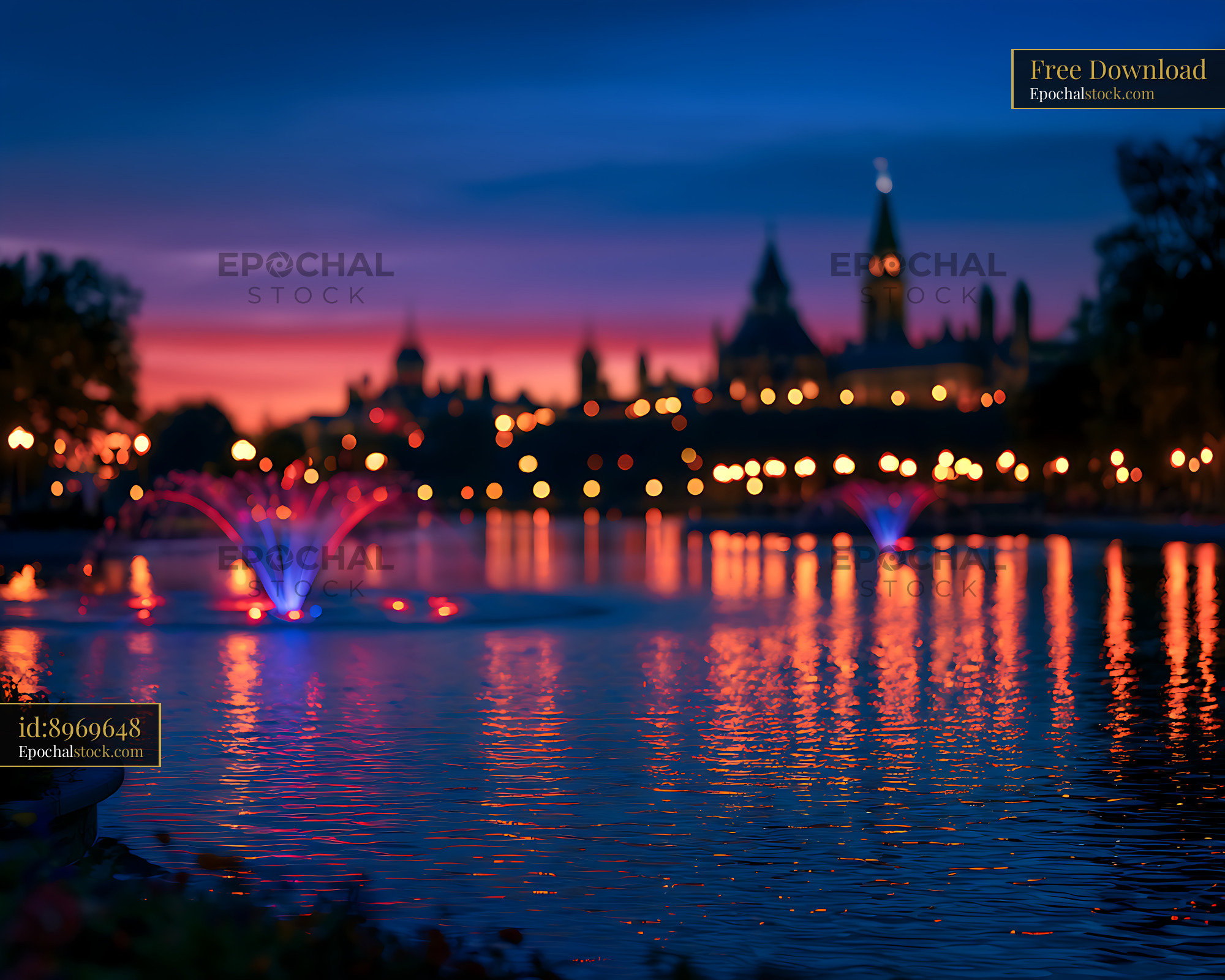 Watermarked full-resolution preview of Colorful waterfront fountain reflections at twilight