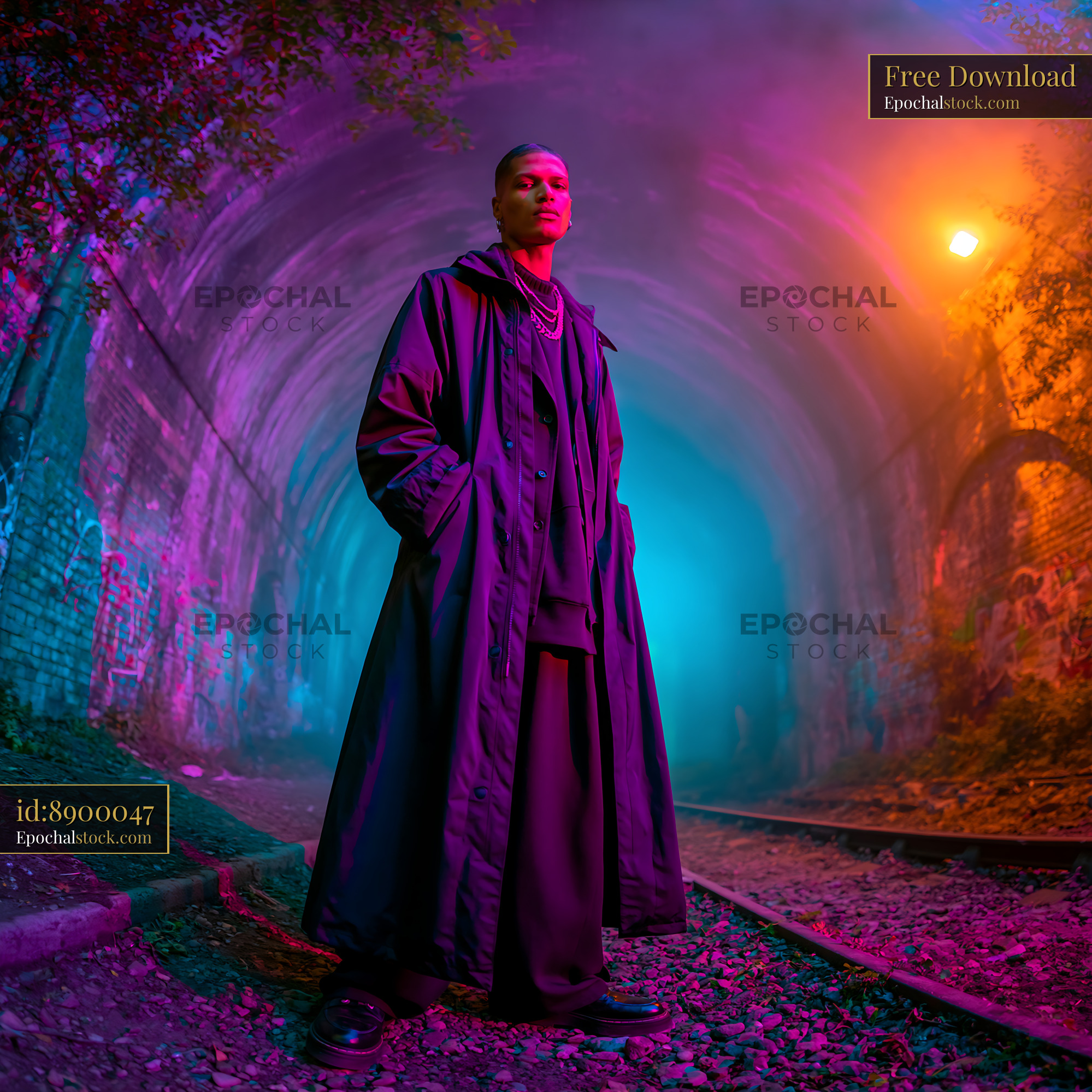 Watermarked full-resolution preview of Dramatic Portrait on Railway Tracks with Colorful Lighting