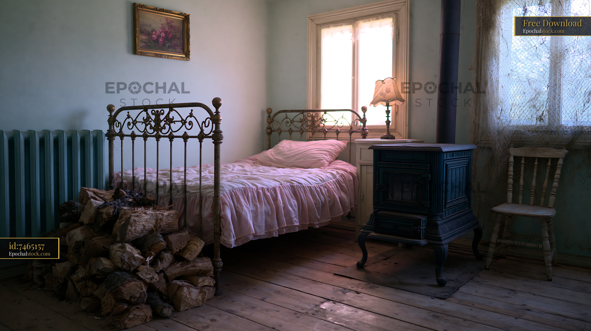 Watermarked full-resolution preview of Old bedroom with a bed, lamp, and wooden furniture