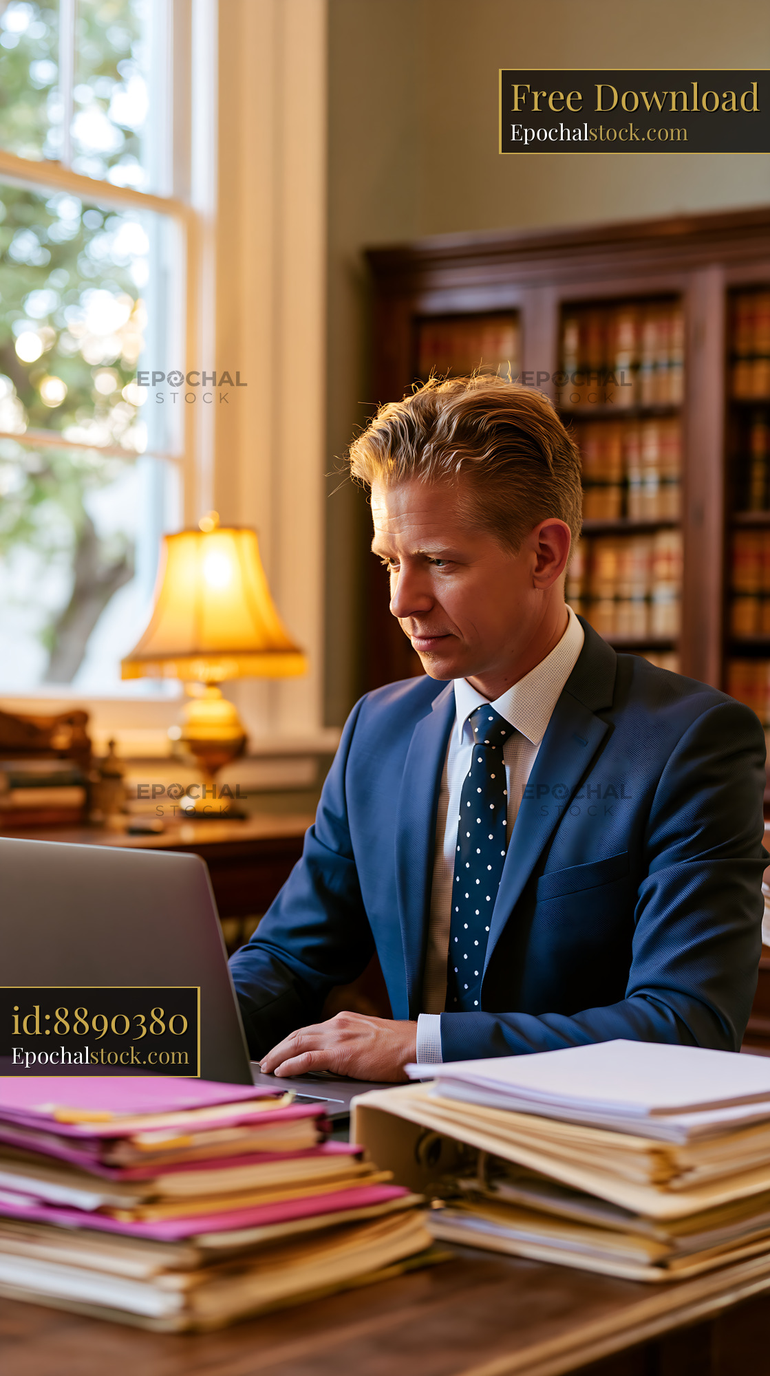 Watermarked full-resolution preview of Man working on laptop in legal office during daytime