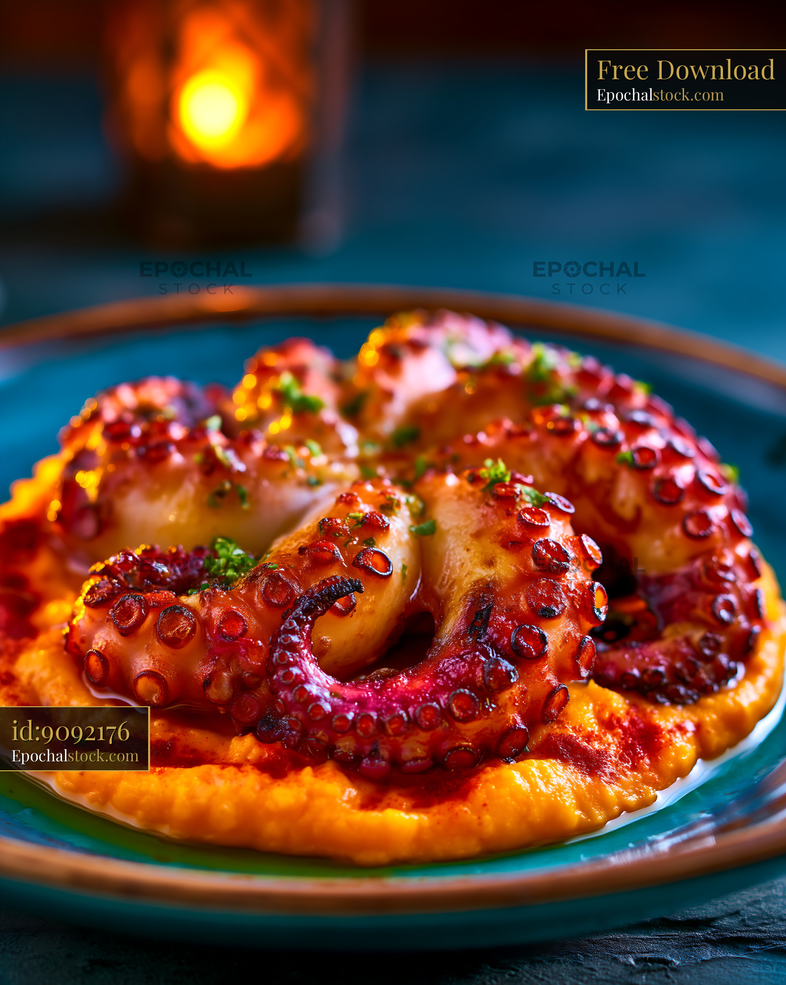 Watermarked full-resolution preview of Close-up grilled octopus with herbs on flatbread