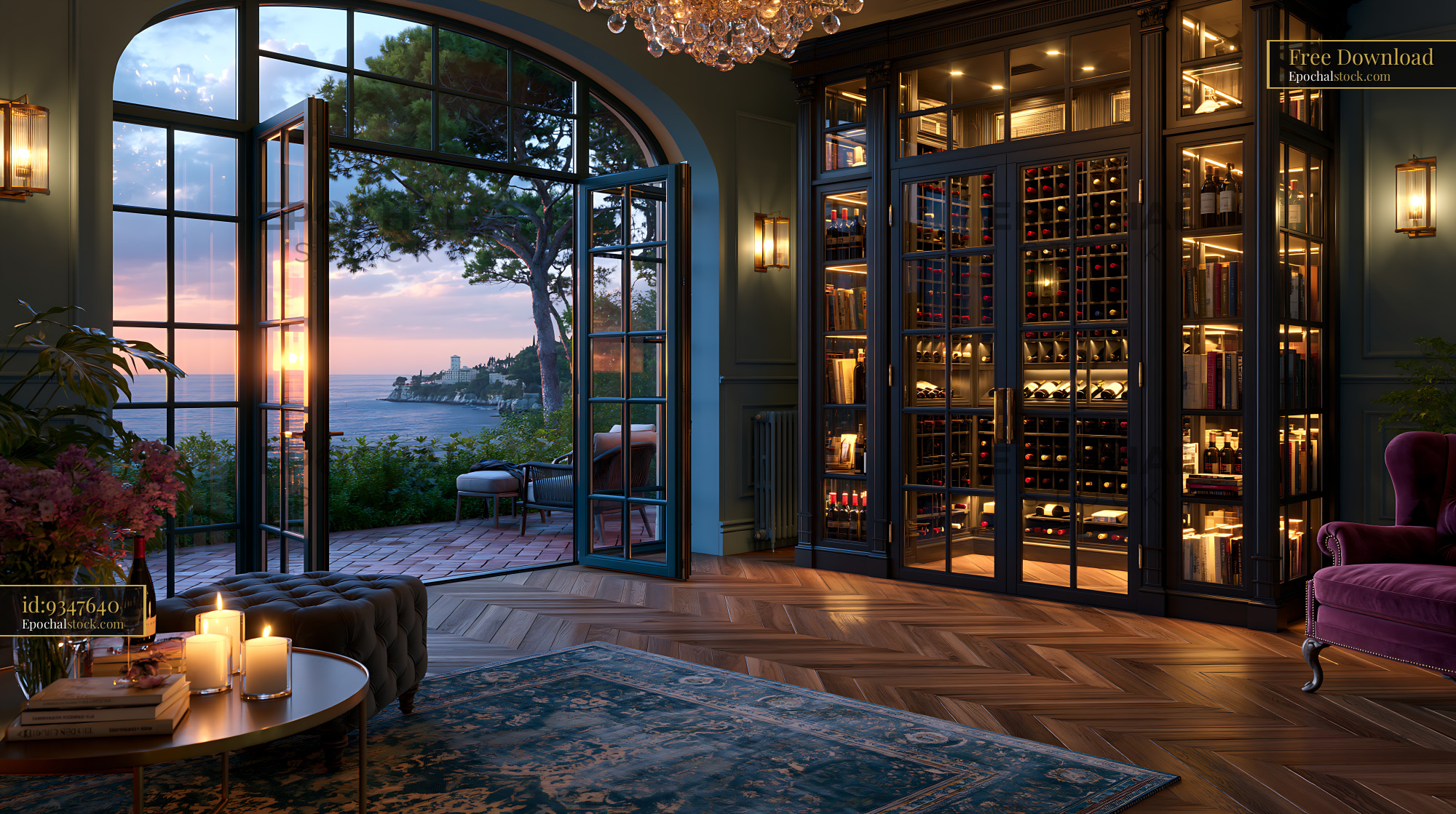 Watermarked full-resolution preview of Elegant interior view of a living space with ocean view at sunset