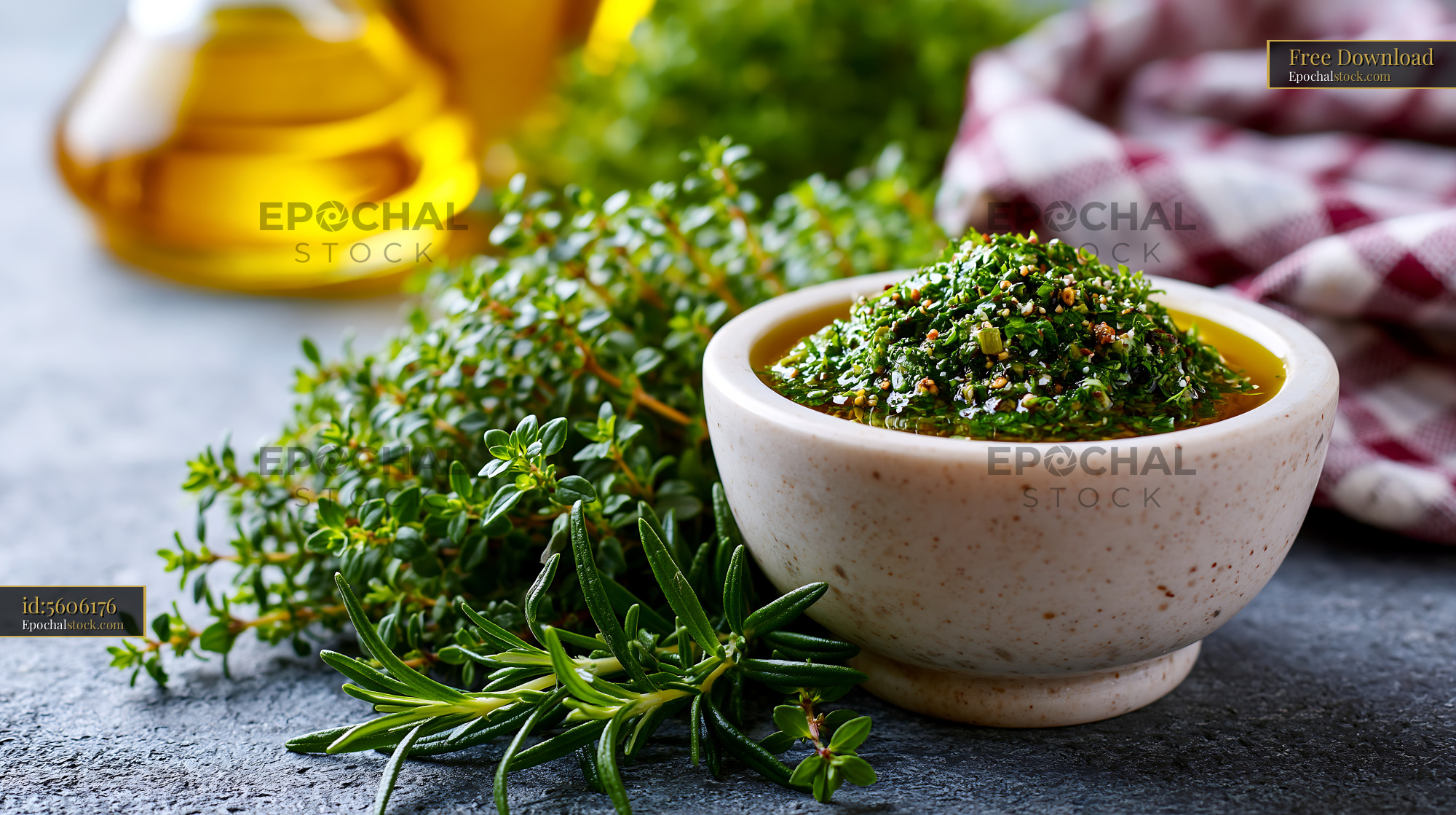 Watermarked full-resolution preview of Fresh herb sauce in bowl with rosemary and thyme
