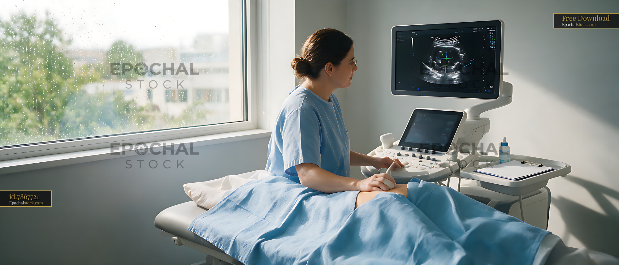 Watermarked full-resolution preview of Sonographer using ultrasound equipment during a medical examination