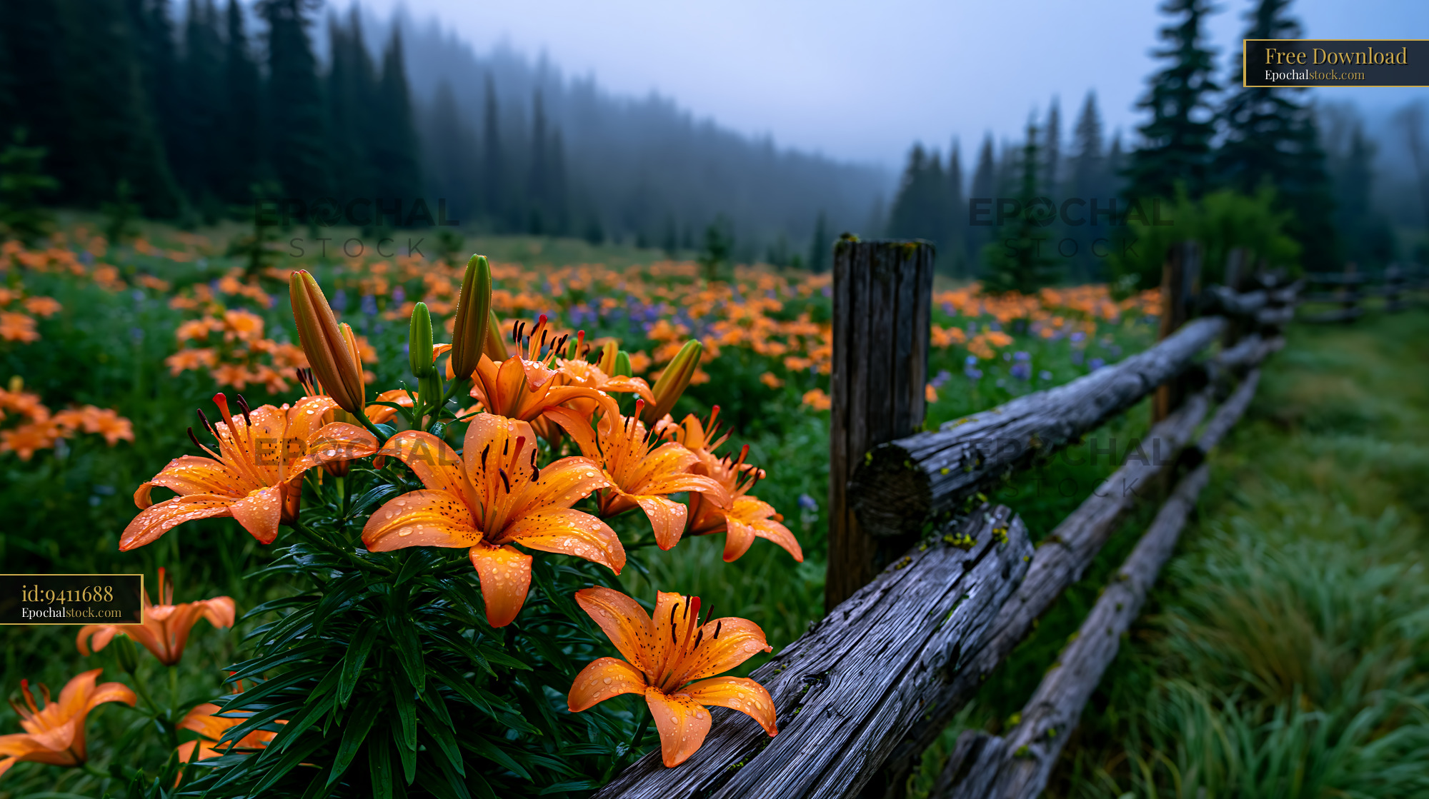 Watermarked full-resolution preview of Rain-covered orange lilies in a misty forest meadow