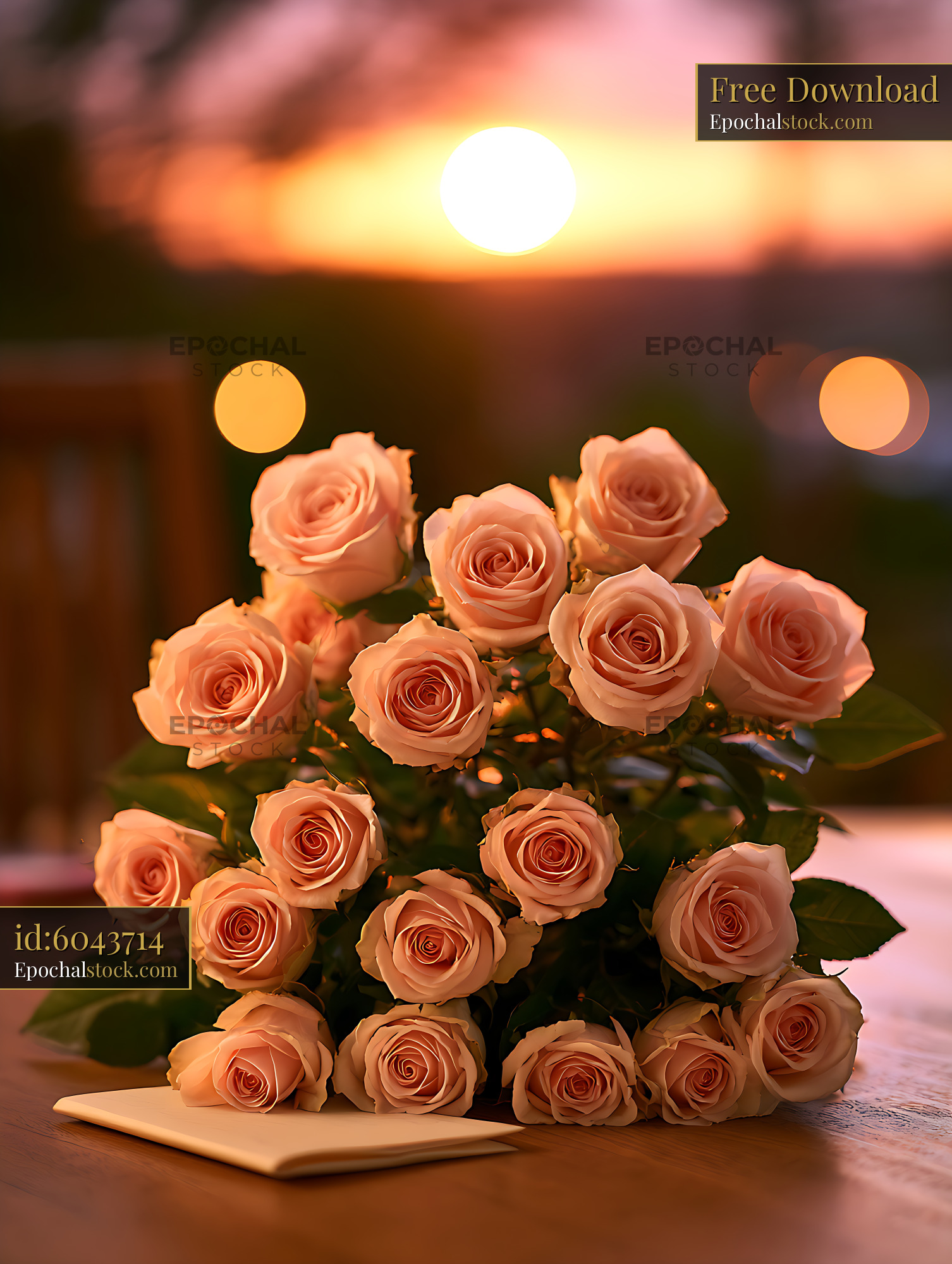 Watermarked full-resolution preview of Peach roses with sunset bokeh and warm evening light