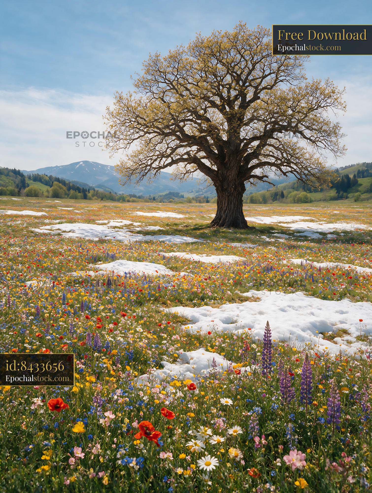 Watermarked full-resolution preview of Blooming meadow under a tree with snow patches in spring
