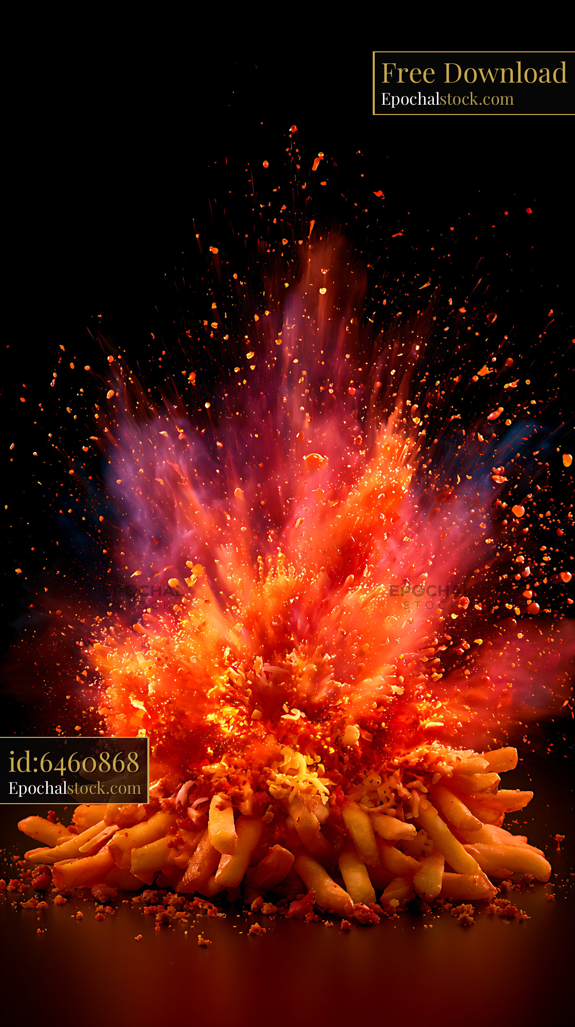 Watermarked full-resolution preview of Dramatic French fry explosion on black background