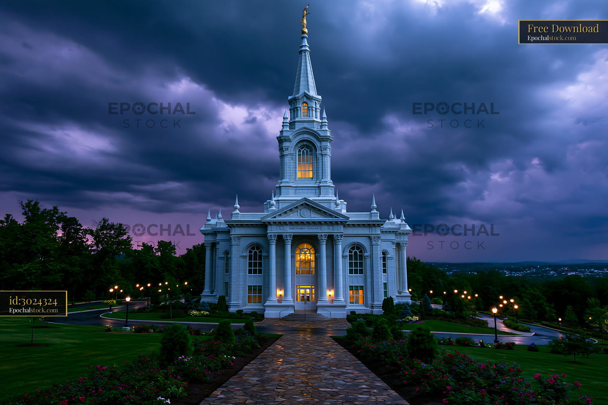 Hartford Temple in Hartford Connecticut During Cloudy Twilight - stock photo