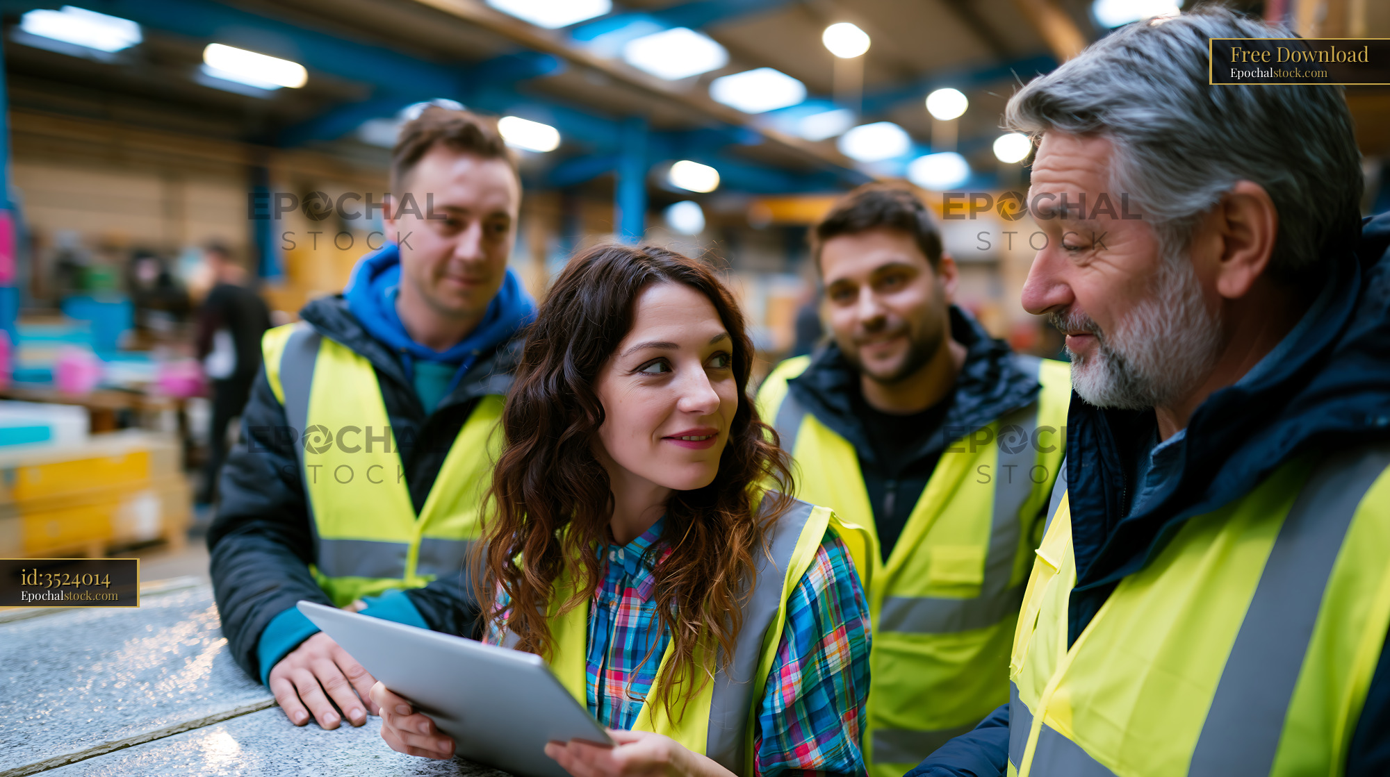Watermarked full-resolution preview of Group of workers discussing project in warehouse setting