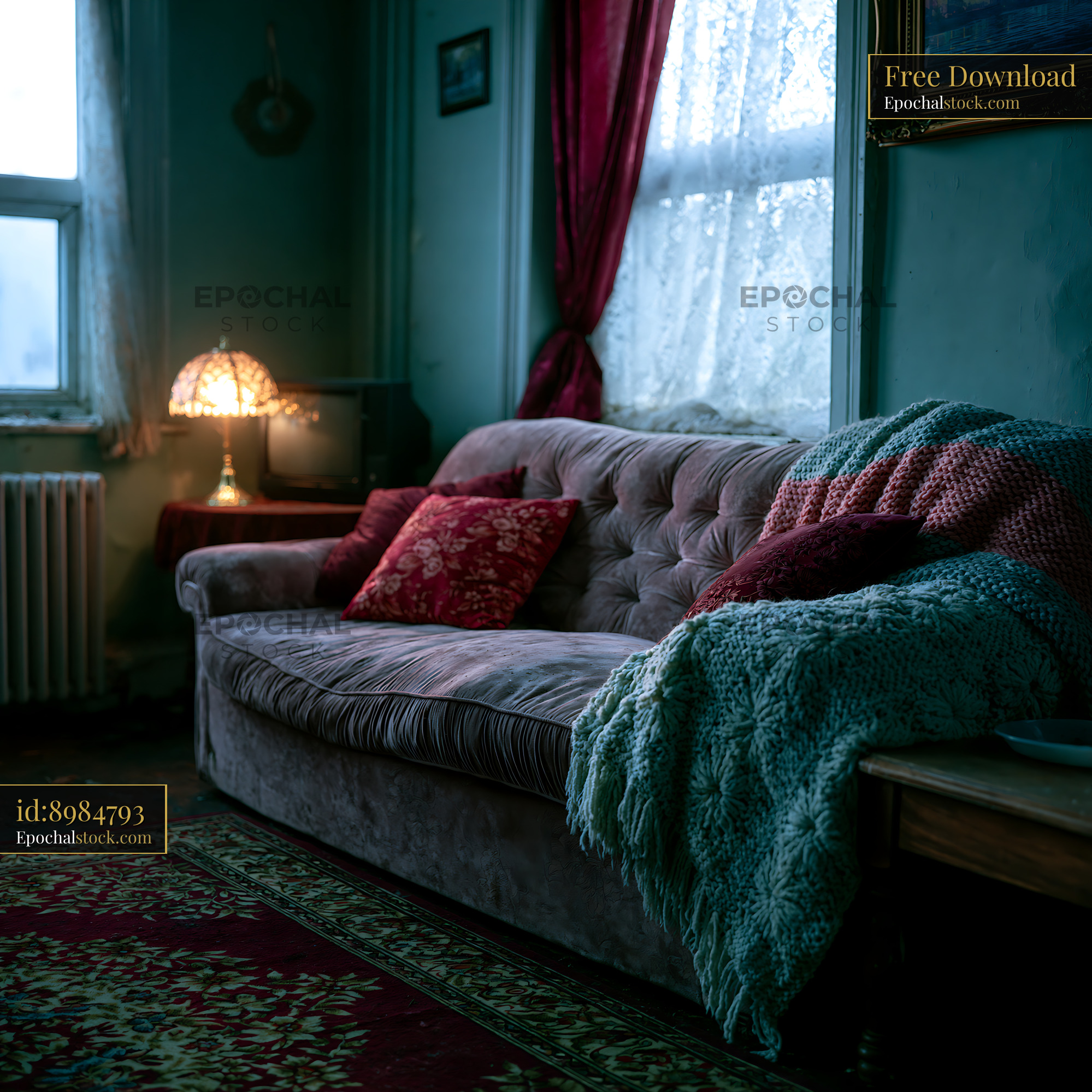 Watermarked full-resolution preview of Warmly lit vintage lounge with upholstered sofa and colorful textiles