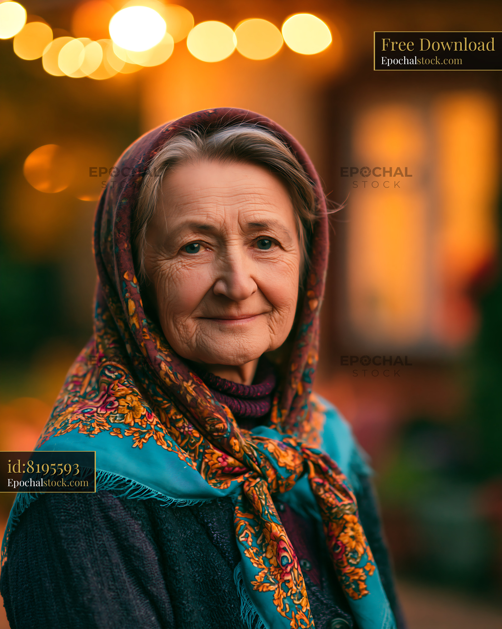Watermarked full-resolution preview of Elderly woman in traditional attire with colorful scarf outdoors