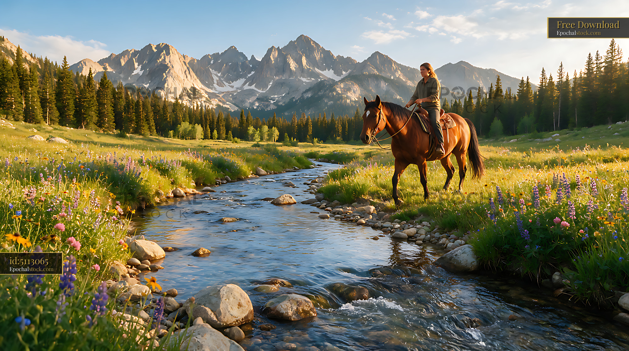 Watermarked full-resolution preview of Rider on horseback in a flower-filled alpine meadow