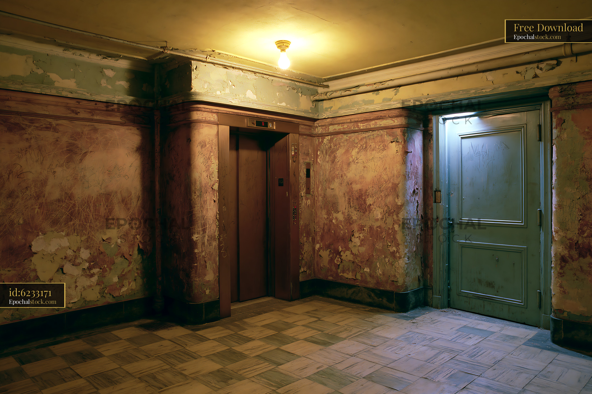 Watermarked full-resolution preview of Old elevator lobby in a worn building