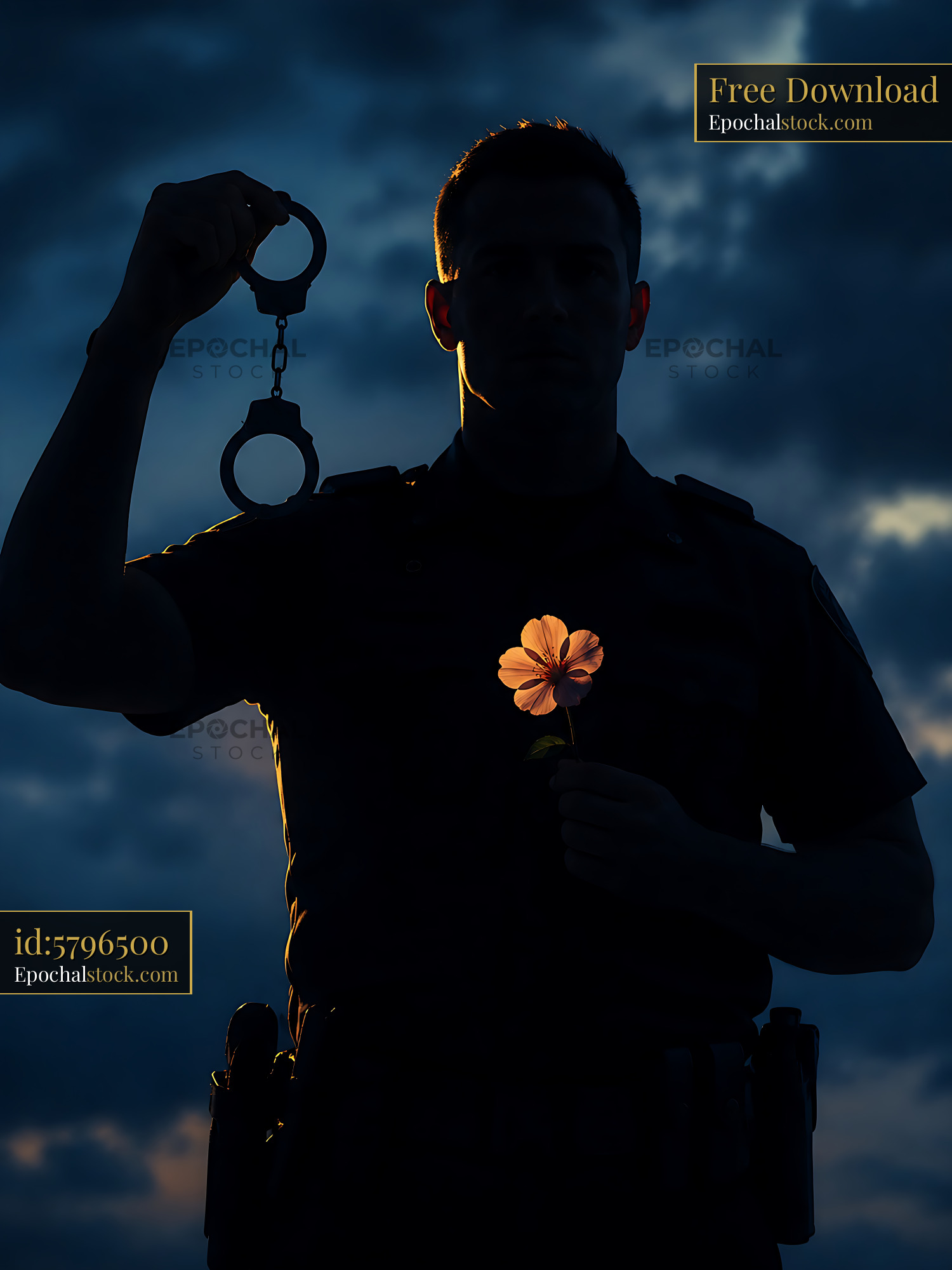 Watermarked full-resolution preview of Police officer holding handcuffs and flower against cloudy sky