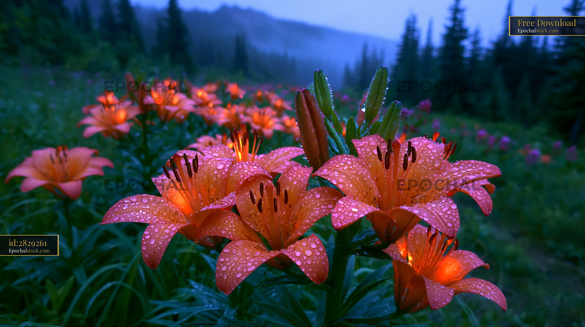 Watermarked full-resolution preview of Flowers with raindrops in a forest at dusk
