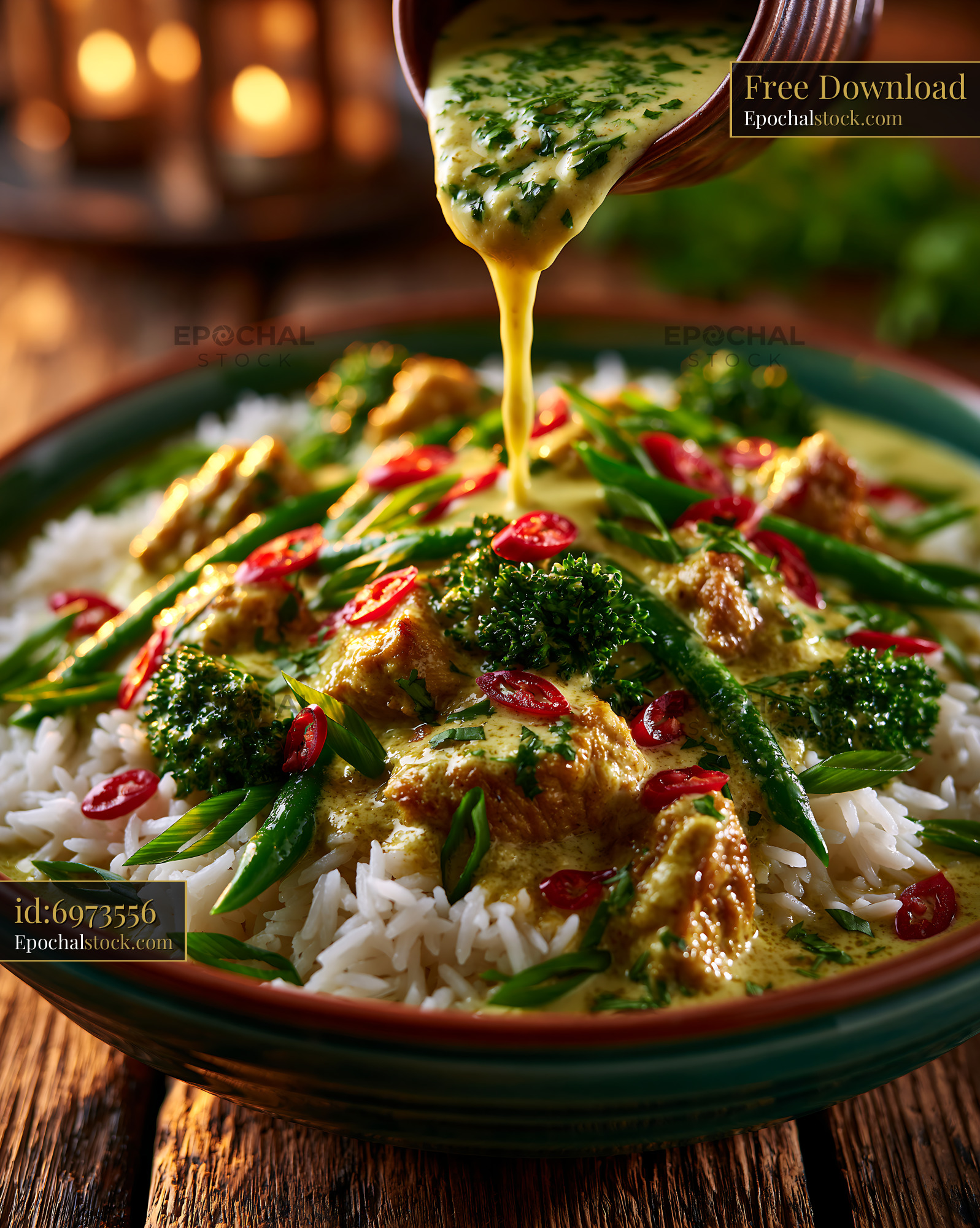 Watermarked full-resolution preview of Delicious curry sauce poured over rice and vegetables in a bowl