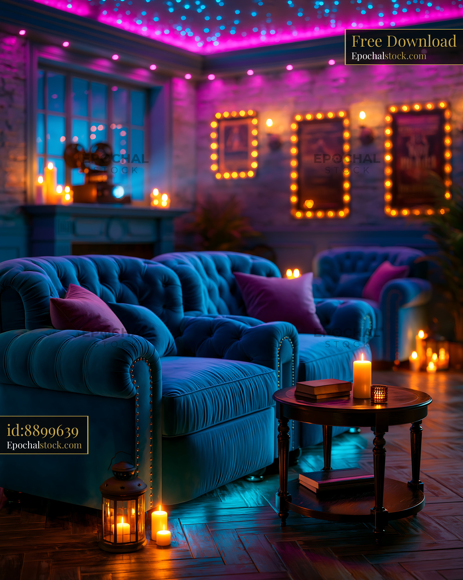Watermarked full-resolution preview of Cozy living room with blue sofa and warm candlelight