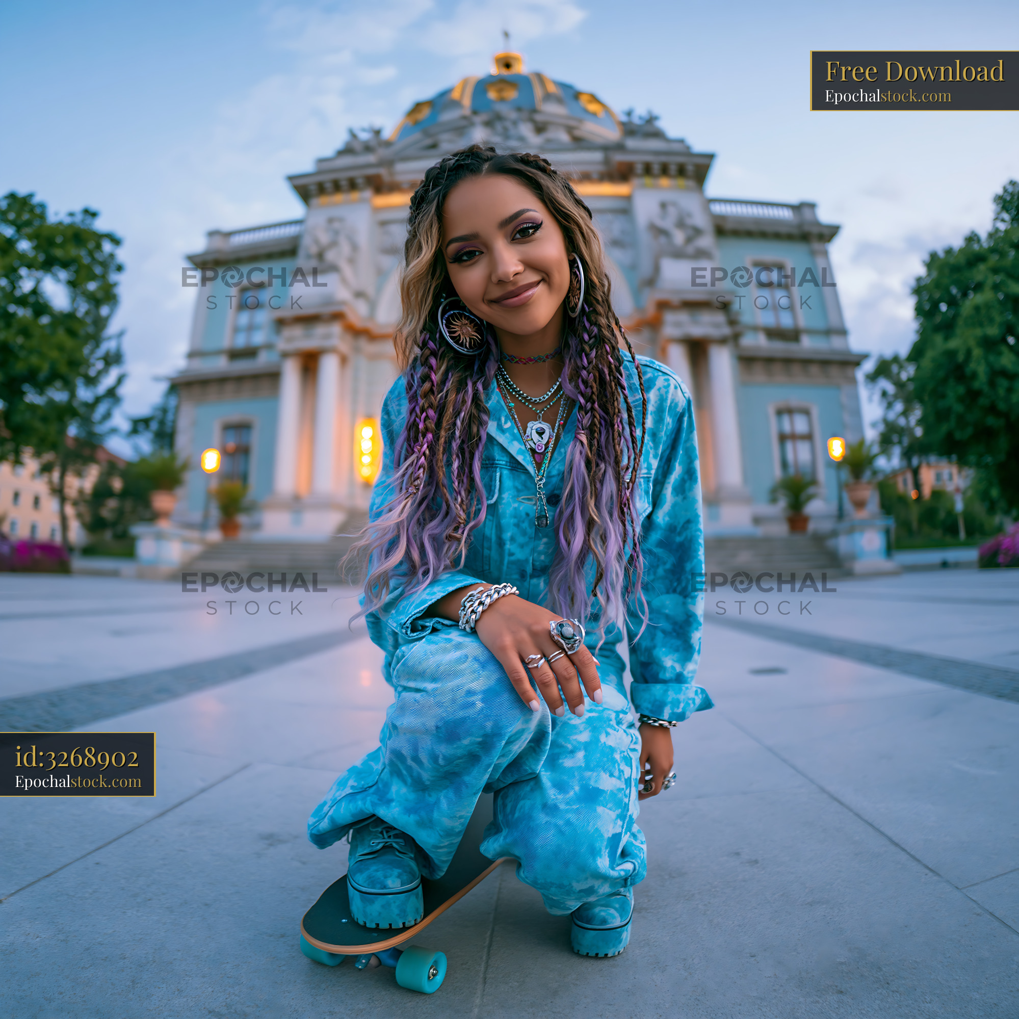 Watermarked full-resolution preview of Woman in blue outfit poses with skateboard in front of building