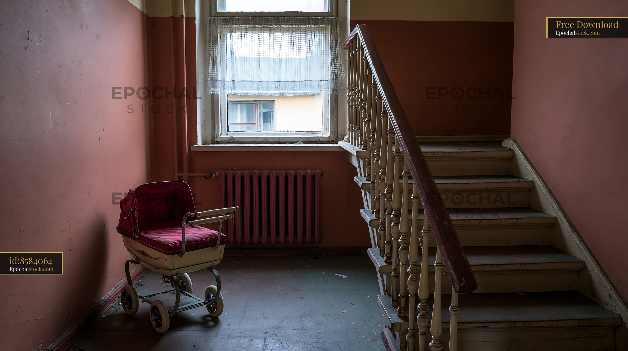 Watermarked full-resolution preview of Empty vintage pram in a weathered stairwell