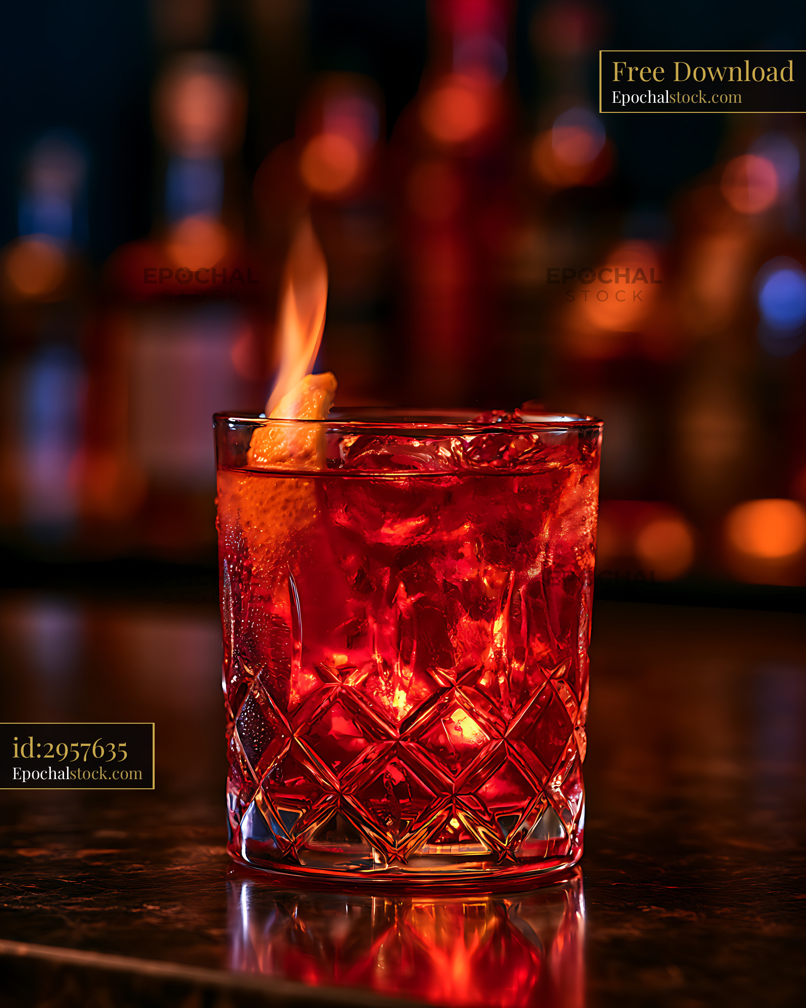 Watermarked full-resolution preview of Red iced cocktail with citrus garnish and colorful bokeh