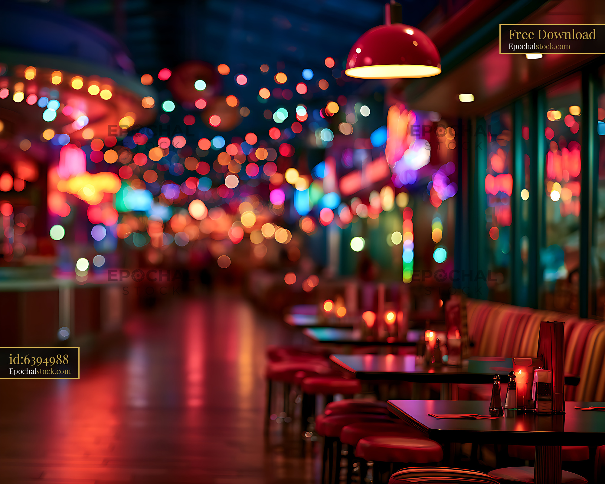 Watermarked full-resolution preview of Vibrant neon restaurant interior with colorful blurred lights
