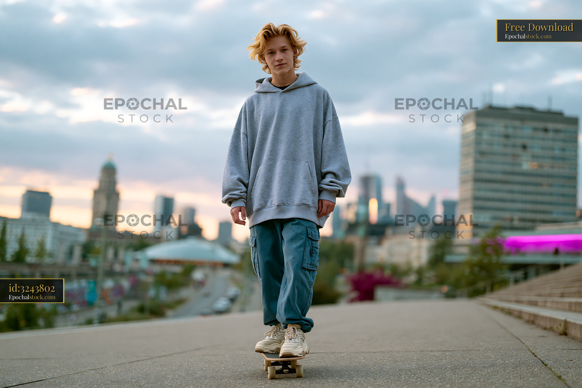 Watermarked full-resolution preview of Young person with skateboard against a city skyline