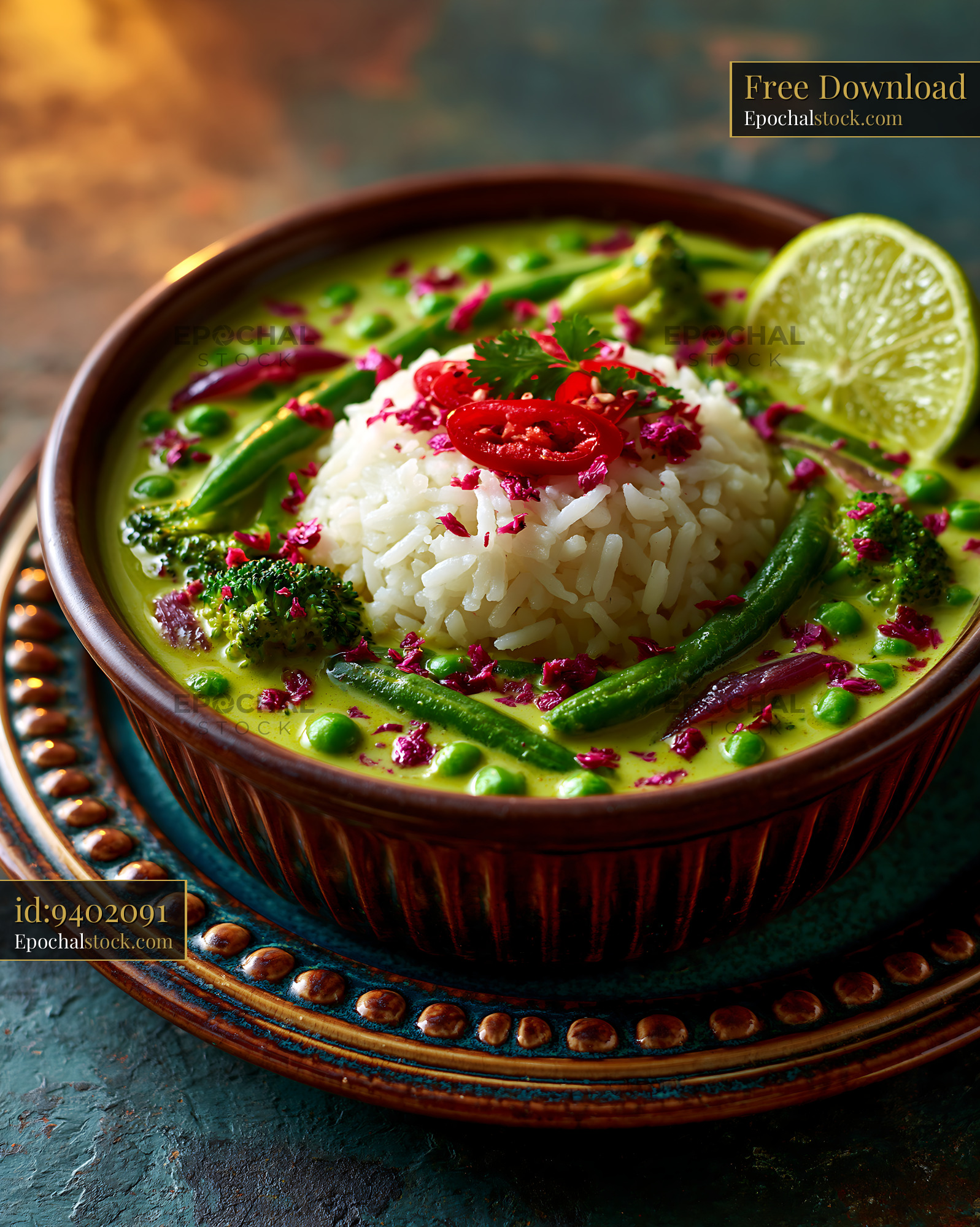 Watermarked full-resolution preview of Rice with green vegetables and spices in a bowl