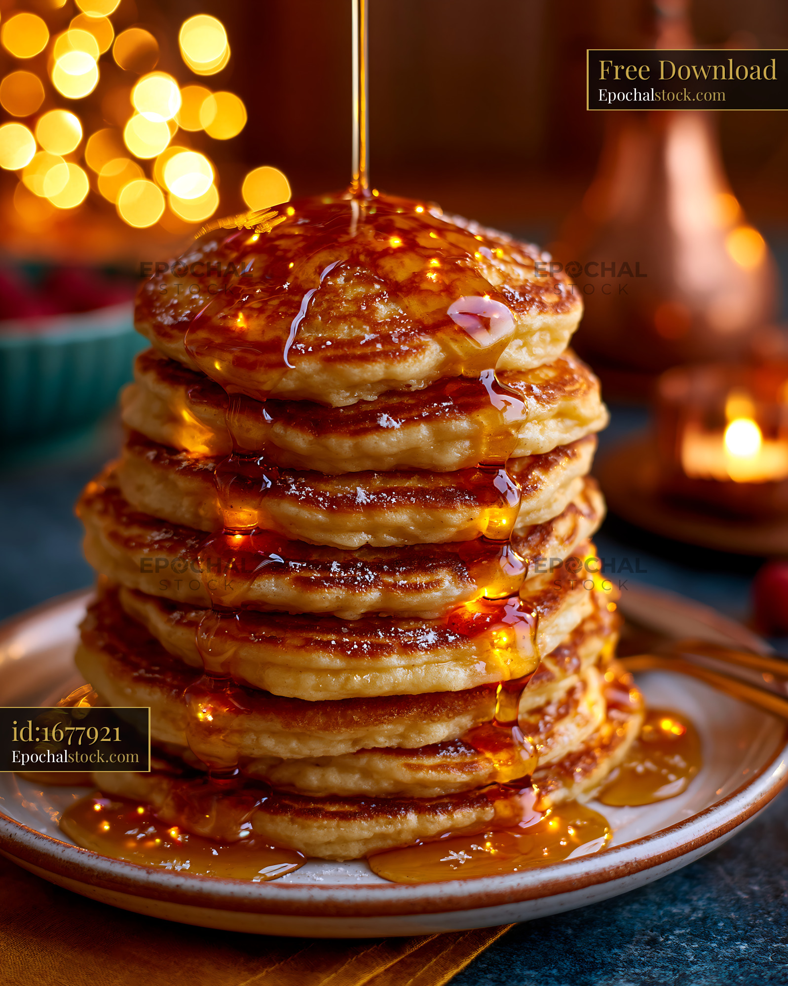 Watermarked full-resolution preview of Golden pancake stack drizzled with maple syrup