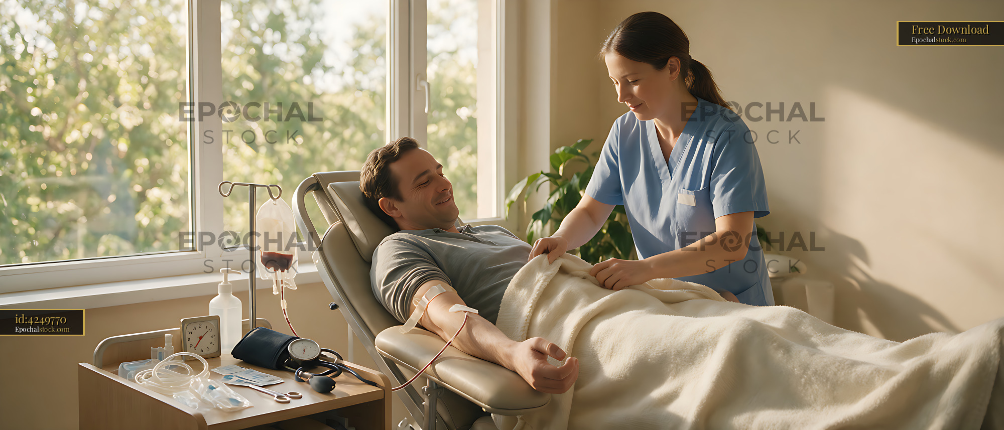 Watermarked full-resolution preview of Blood donor reclining during a blood donation