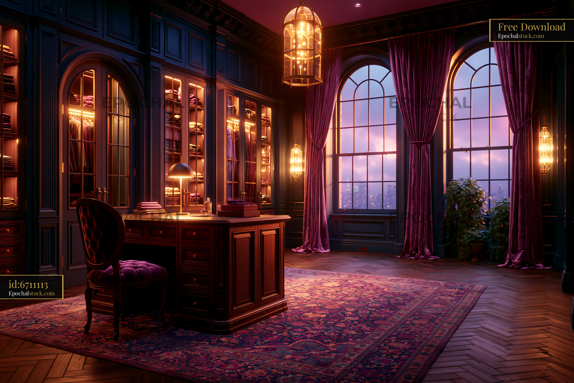 Watermarked full-resolution preview of Luxurious dressing room interior with arched windows