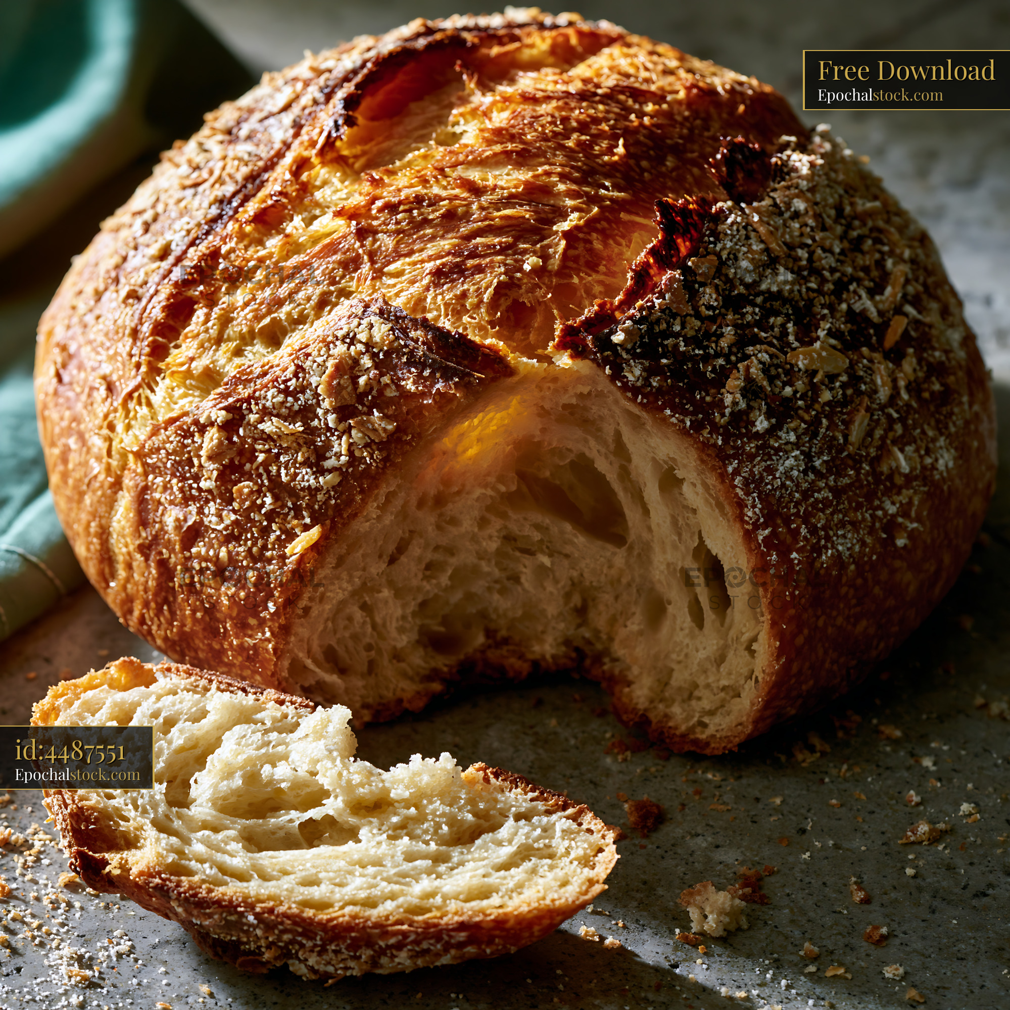 Watermarked full-resolution preview of Freshly baked bread loaf on a kitchen counter with a slice removed