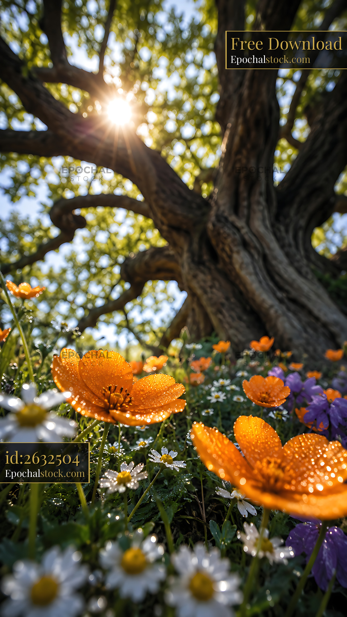 Watermarked full-resolution preview of Sunlight shining through a tree over orange flowers