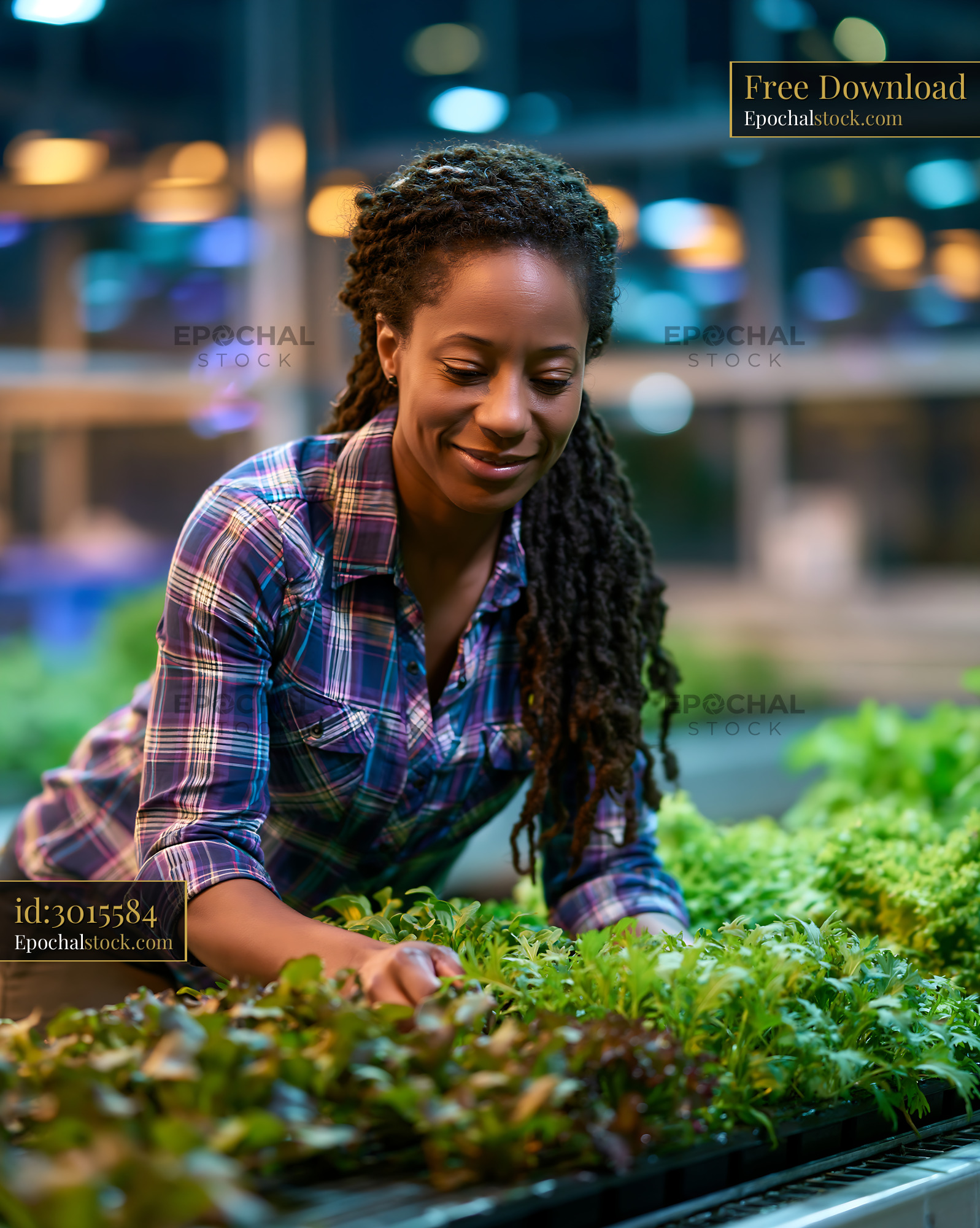 Watermarked full-resolution preview of Woman harvesting fresh greens in urban greenhouse