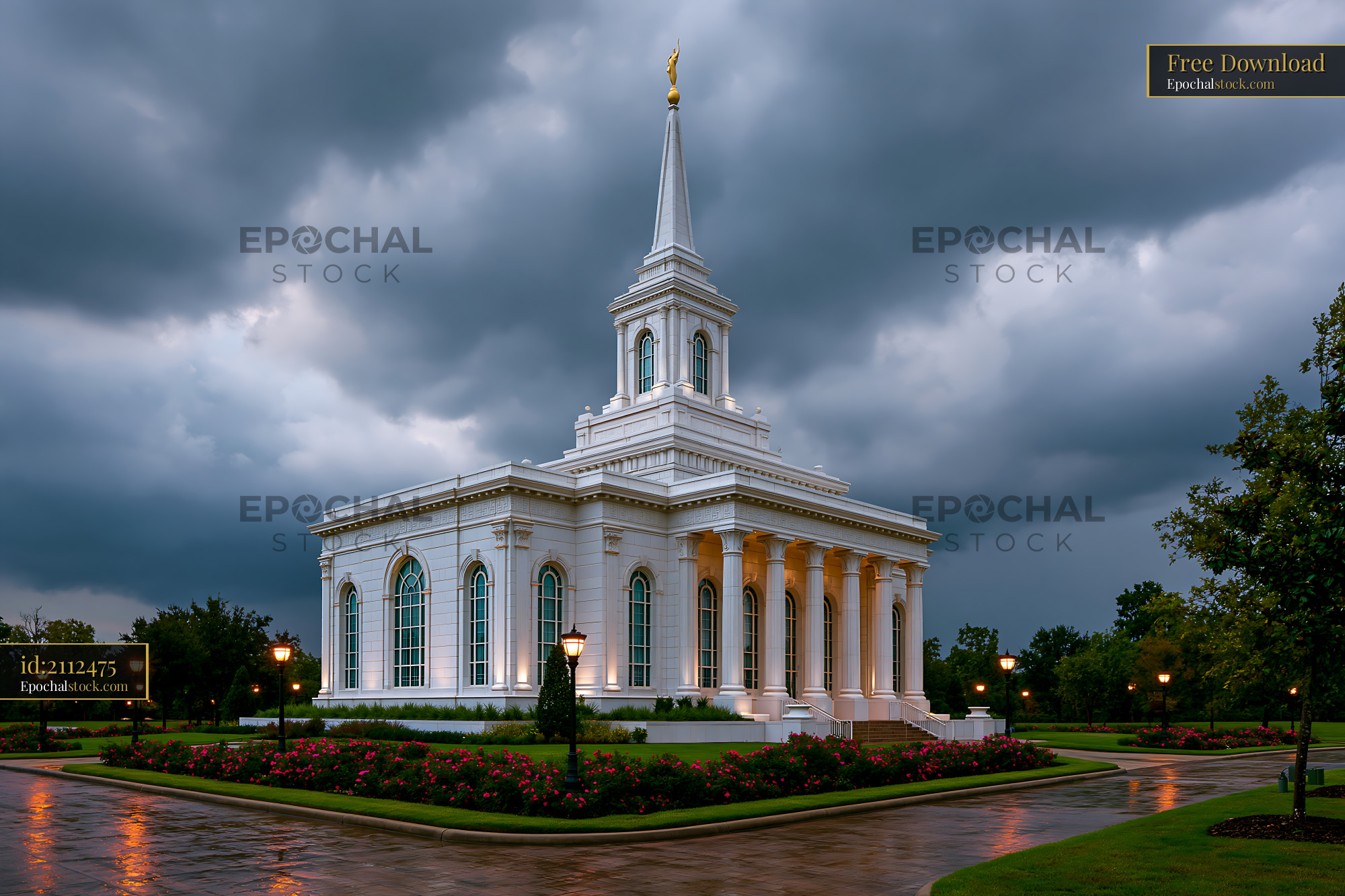 Watermarked full-resolution preview of Storm clouds above a white church building with tall spire