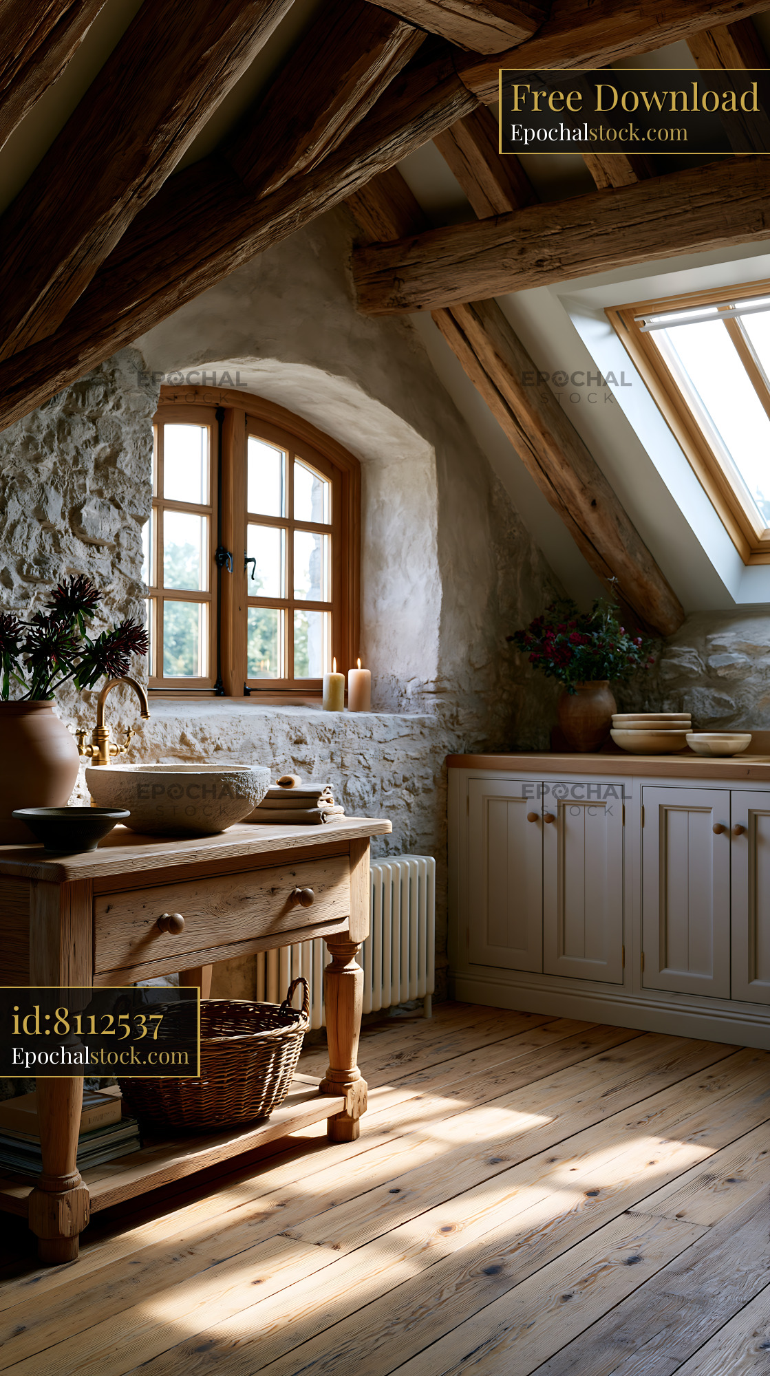 Watermarked full-resolution preview of Rustic kitchen interior with wooden details and natural light